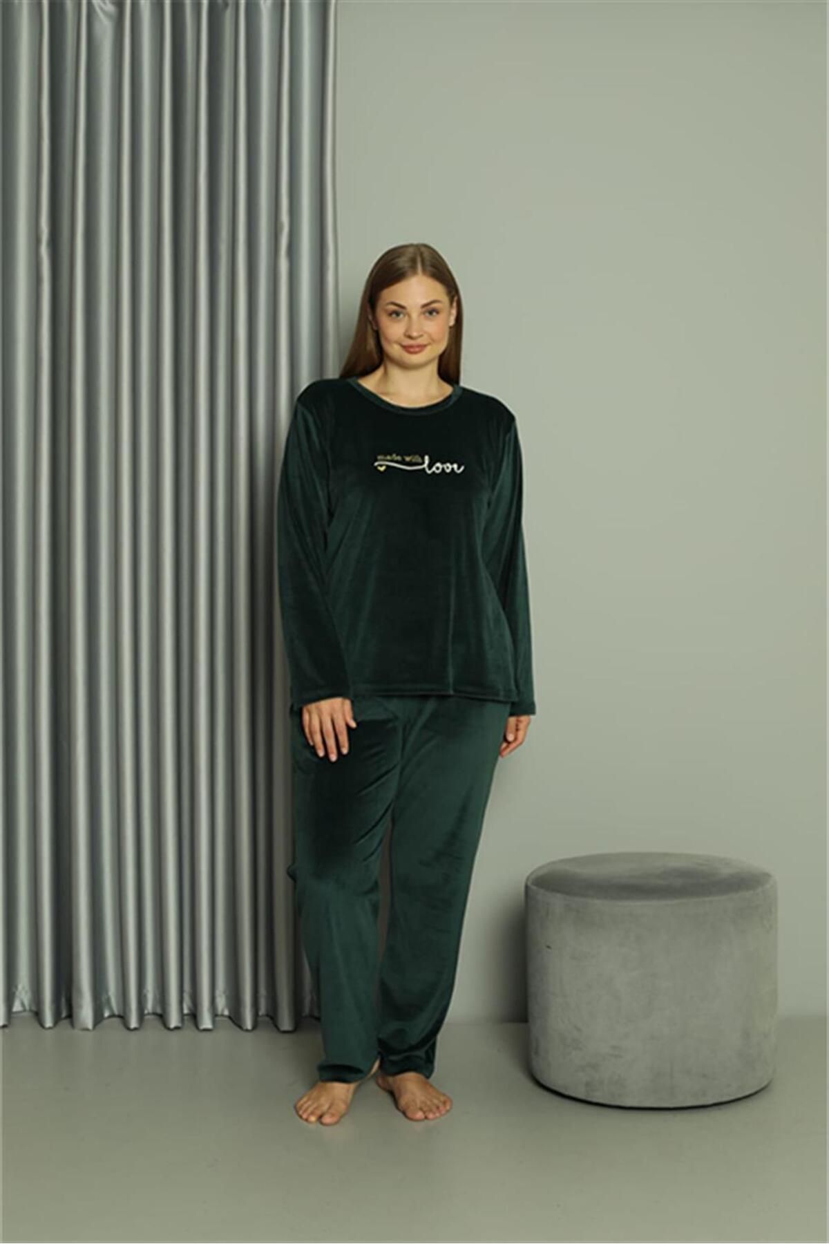 PuShe Büyük Beden Kadın Kadife Yeşil Pijama Takım