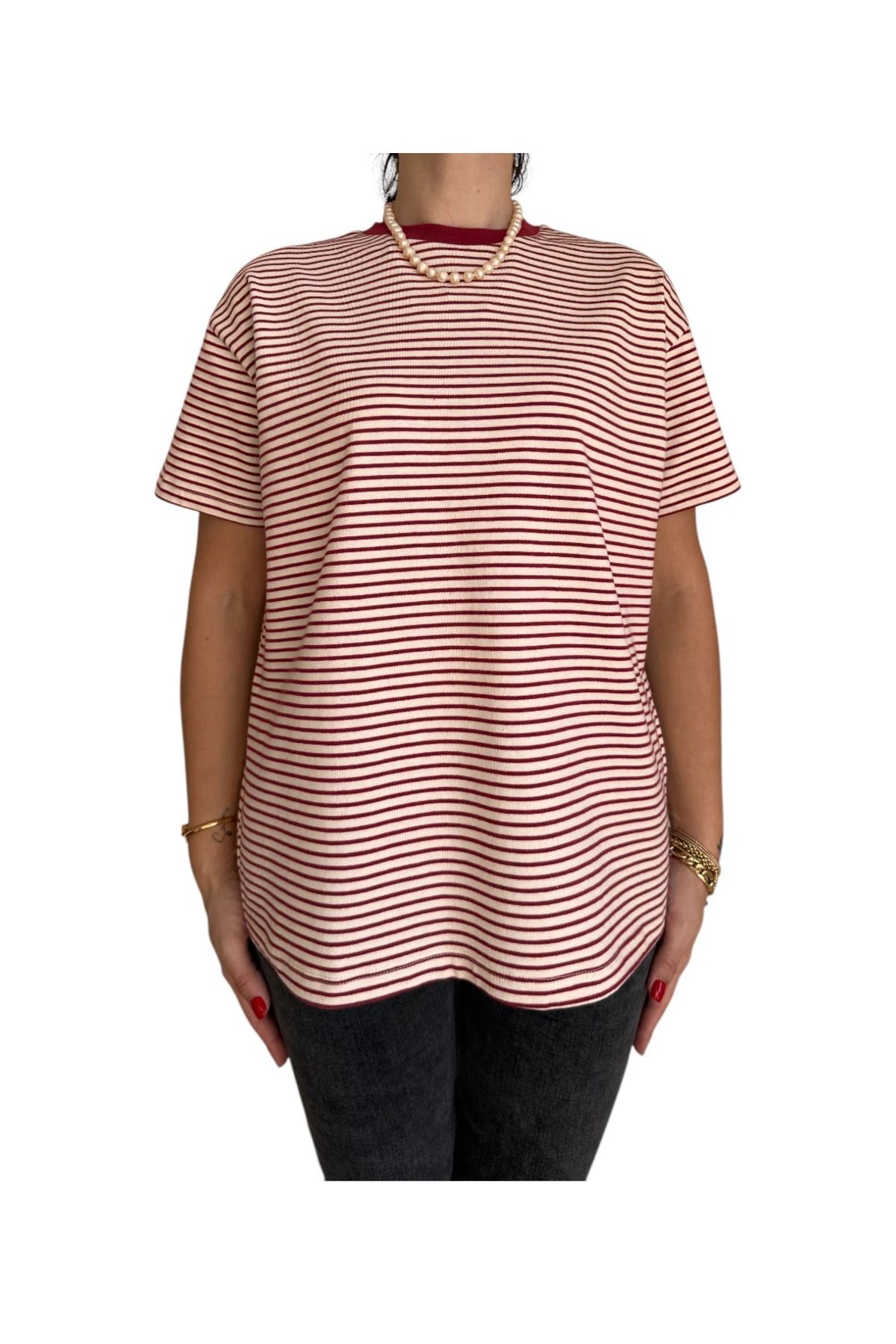 saze butik Bordo Çizgili T-Shirt