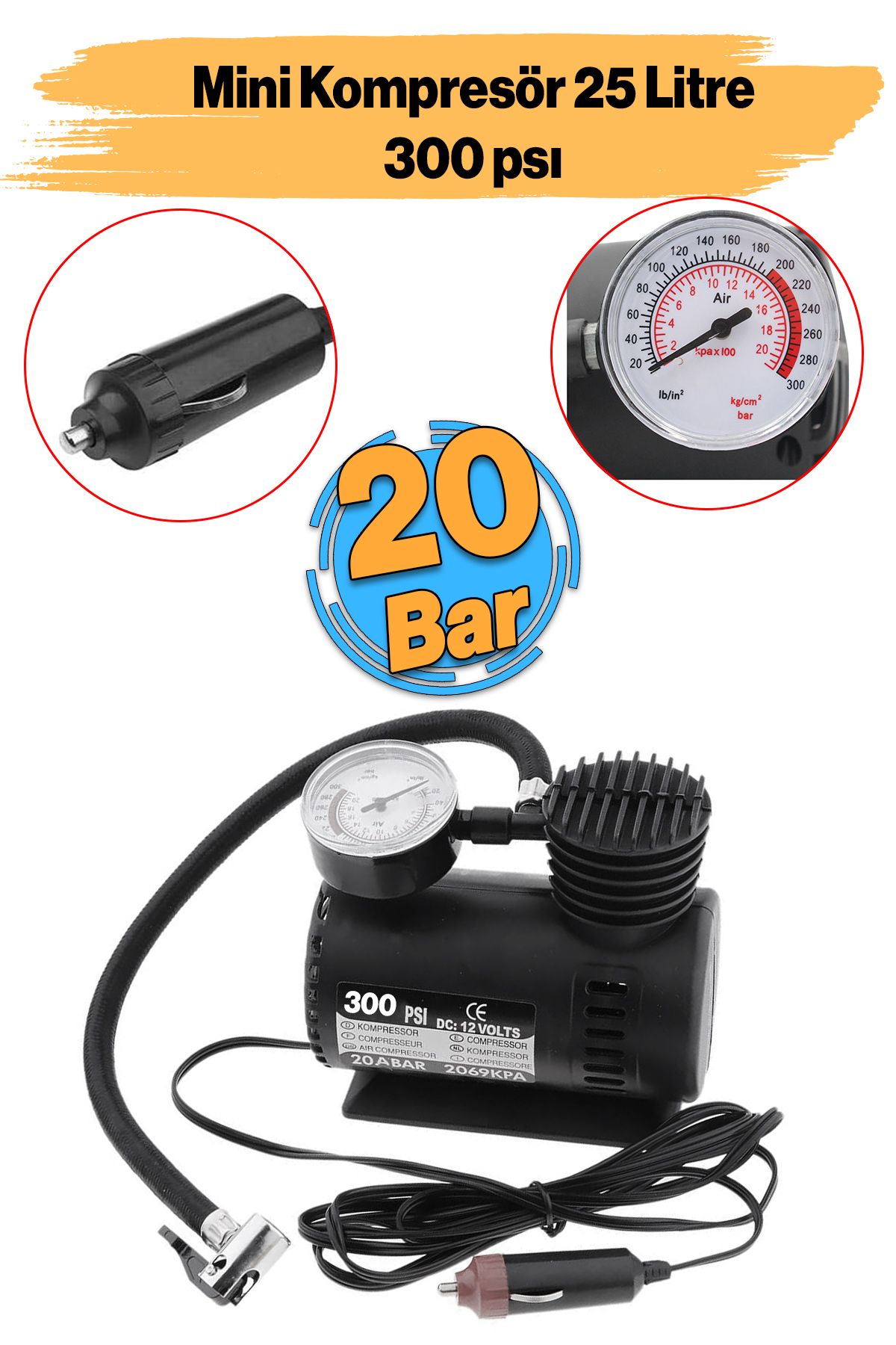 Badem10 Mini Hava Kompresörü 12V Araç Tipi Çakmaklık Araba Bisiklet Teker Lastik Şambrel Top Şişirme 300 Psı