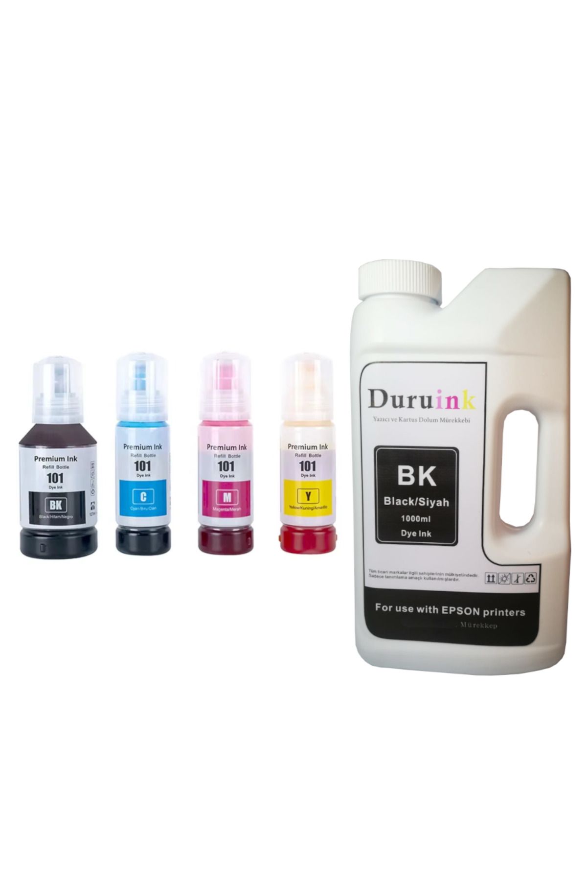 Duruink EPSON ECOTANK L3276 101 103 UYUMLU MÜREKKEP SETİ 127ML SİYAH+3X70ML RENKLİ + 1000ML SİYAH