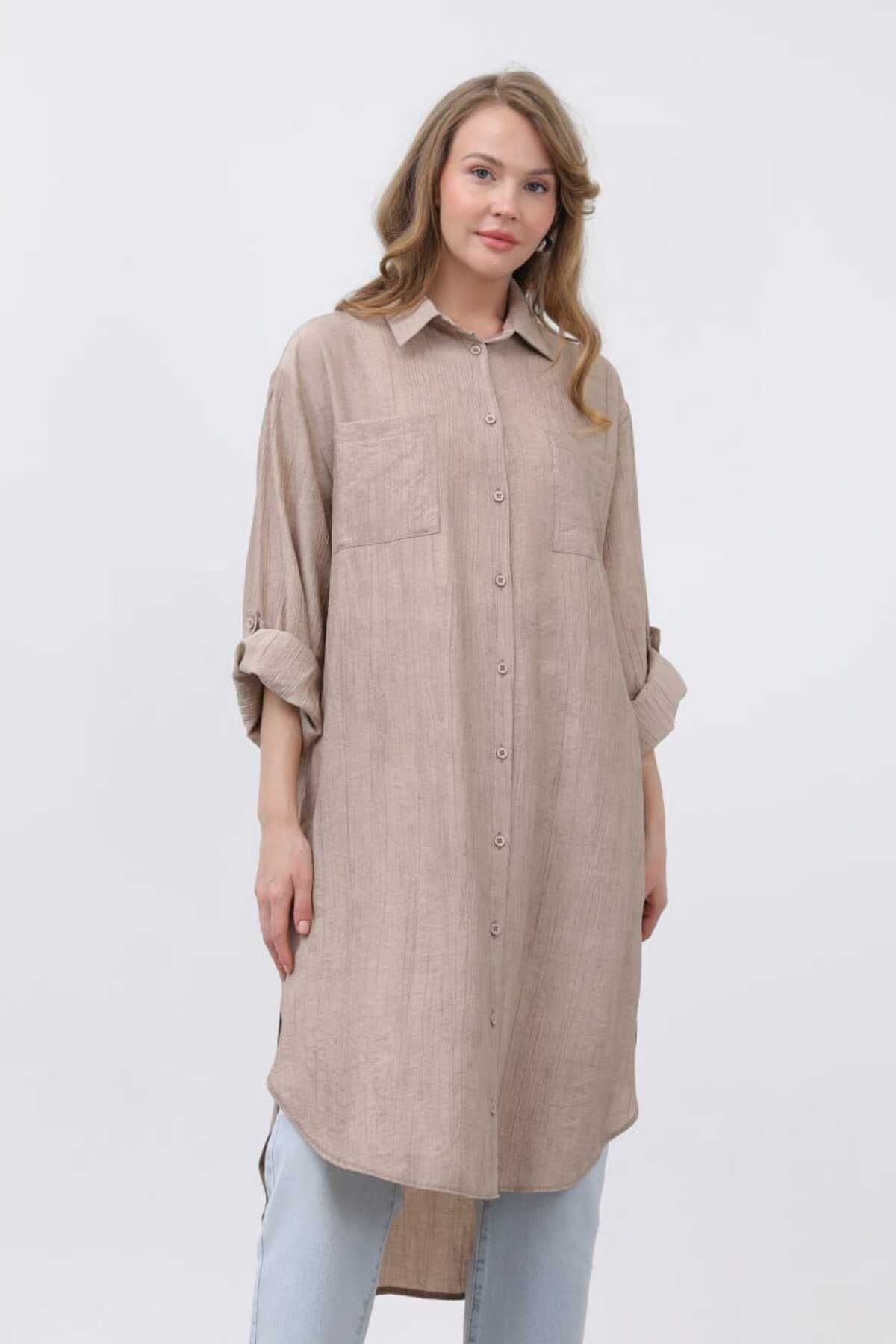 Puane Kadın Oversize Keten Görünümlü Düğmeli Tunik Gömlek