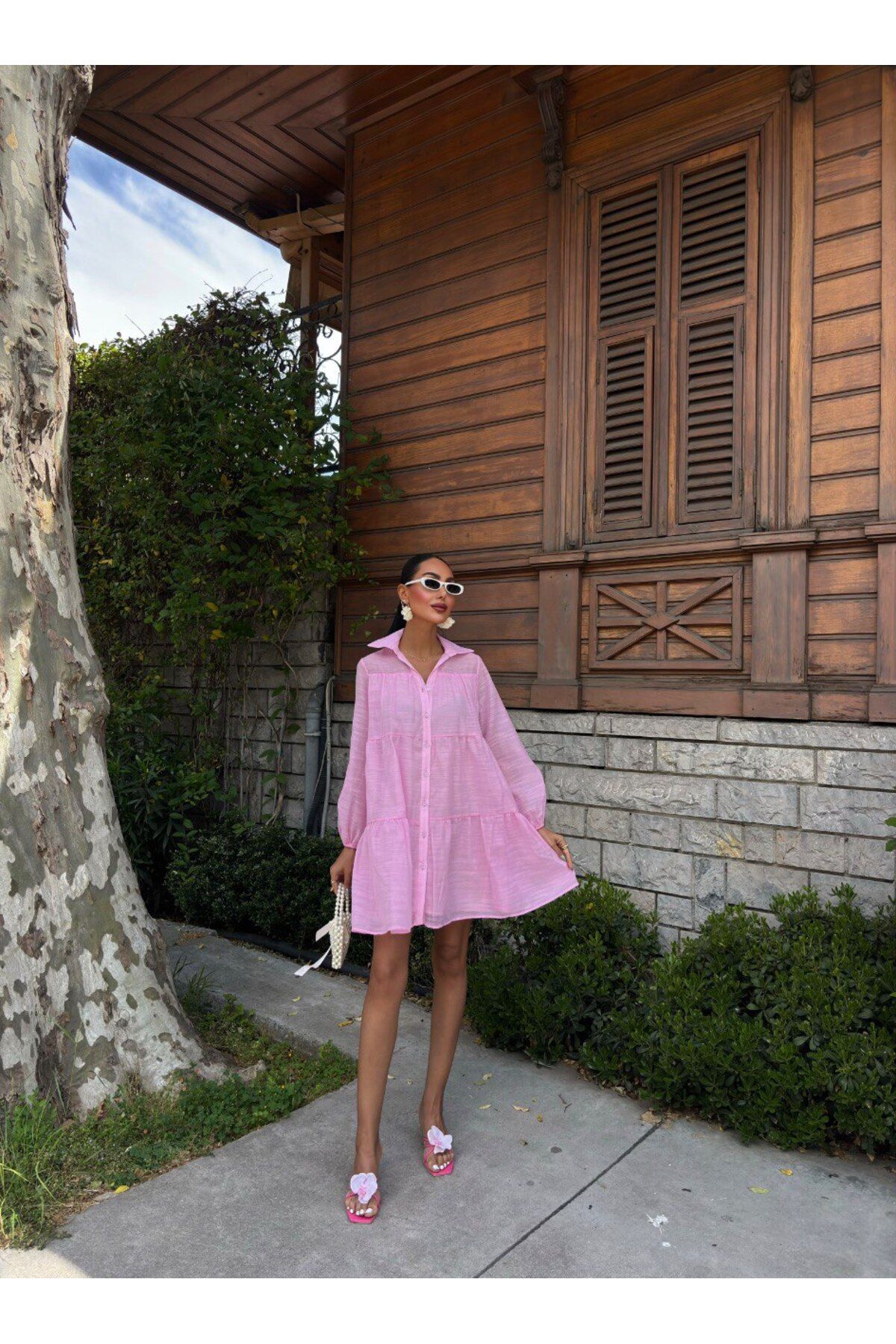 ÇEÇİM Kadın Oversize Katlı Gömlek Elbise HYN-58056