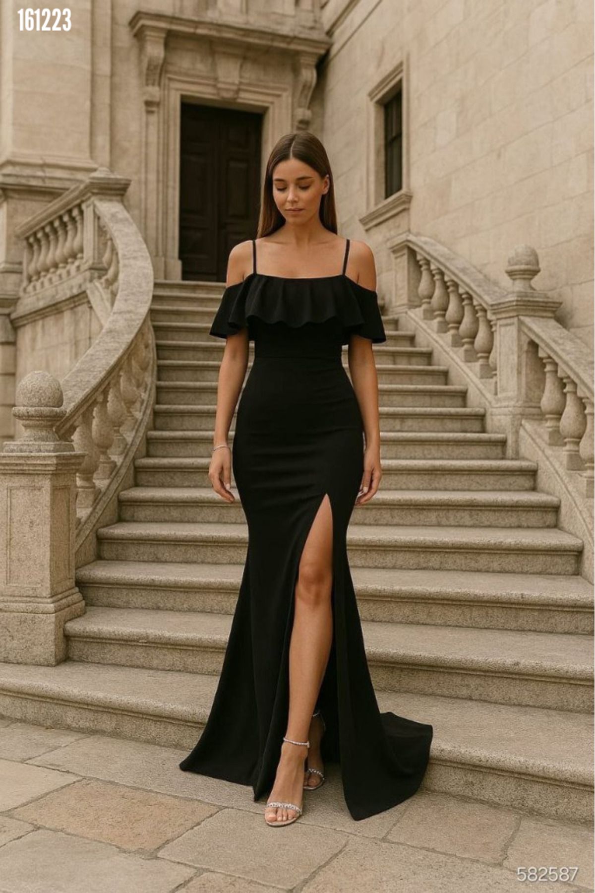 Kokosh moda Kadın Askılı Maxi Boy Yırtmaçlı Krep Kumaş Abiye Elbise