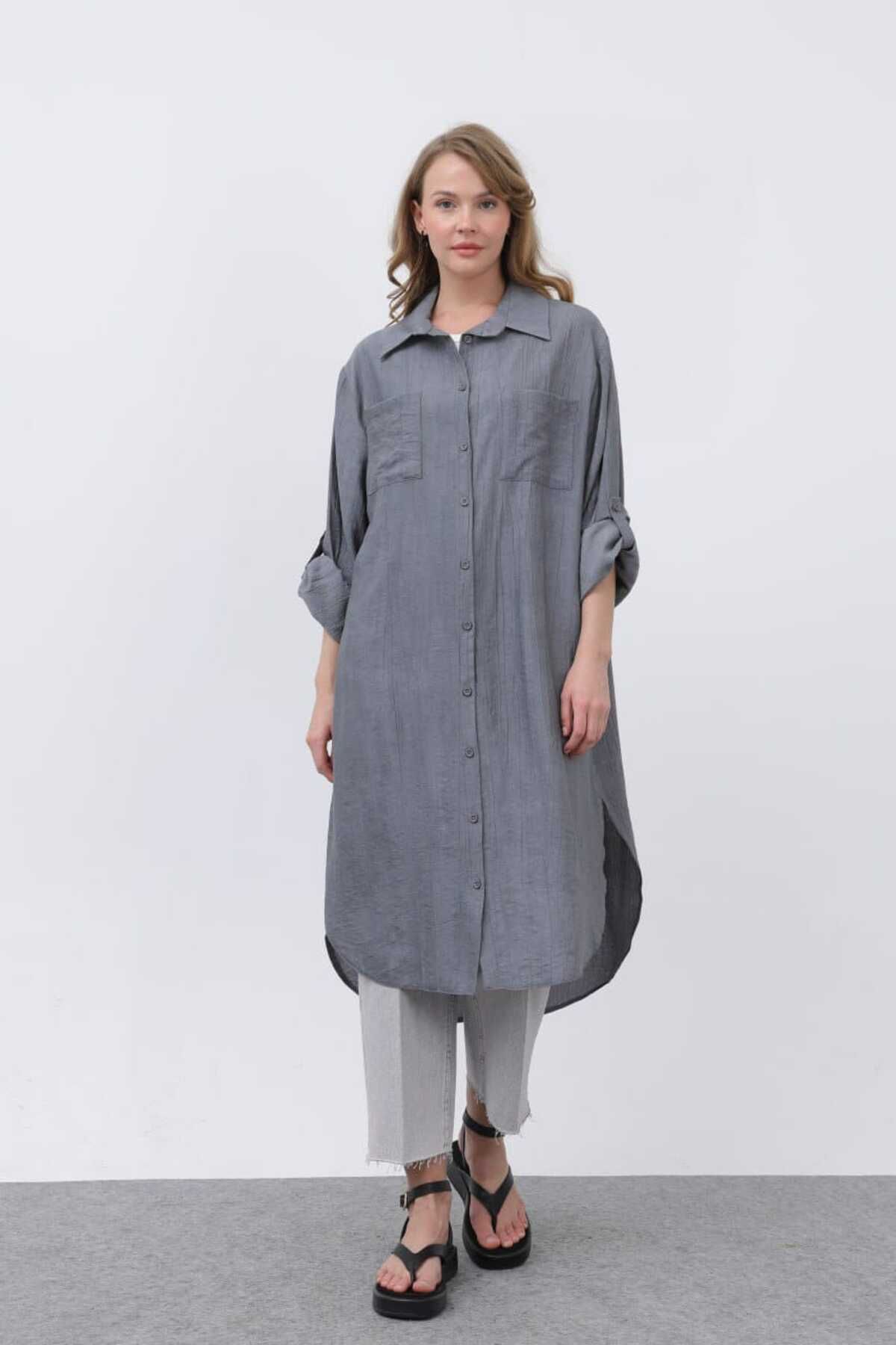 Puane Kadın Oversize Keten Görünümlü Düğmeli Tunik Gömlek
