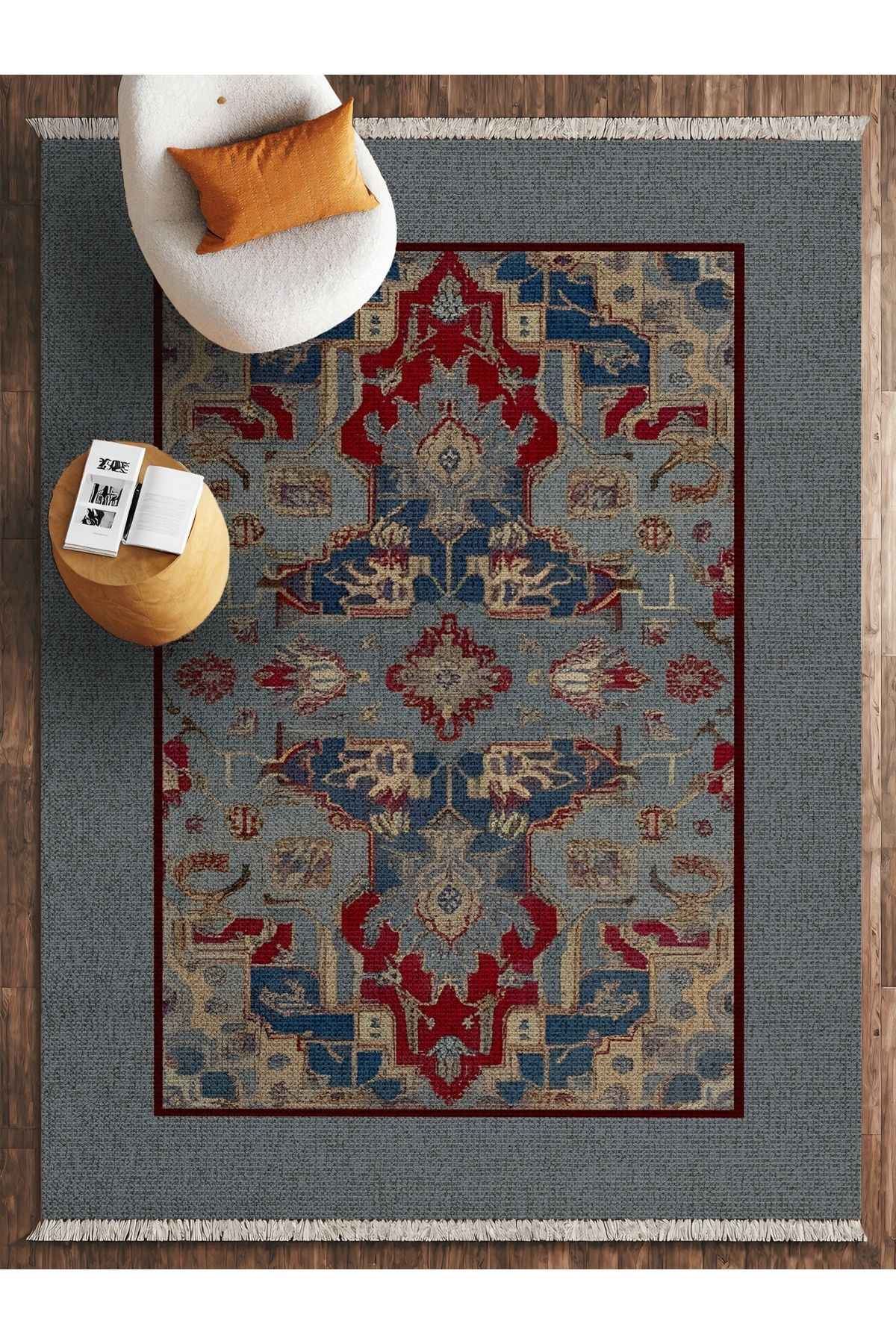 HALIZZON Gri Kırmızı Boho Halı Etnik Desenli Canlı Renkli Vintage Halı