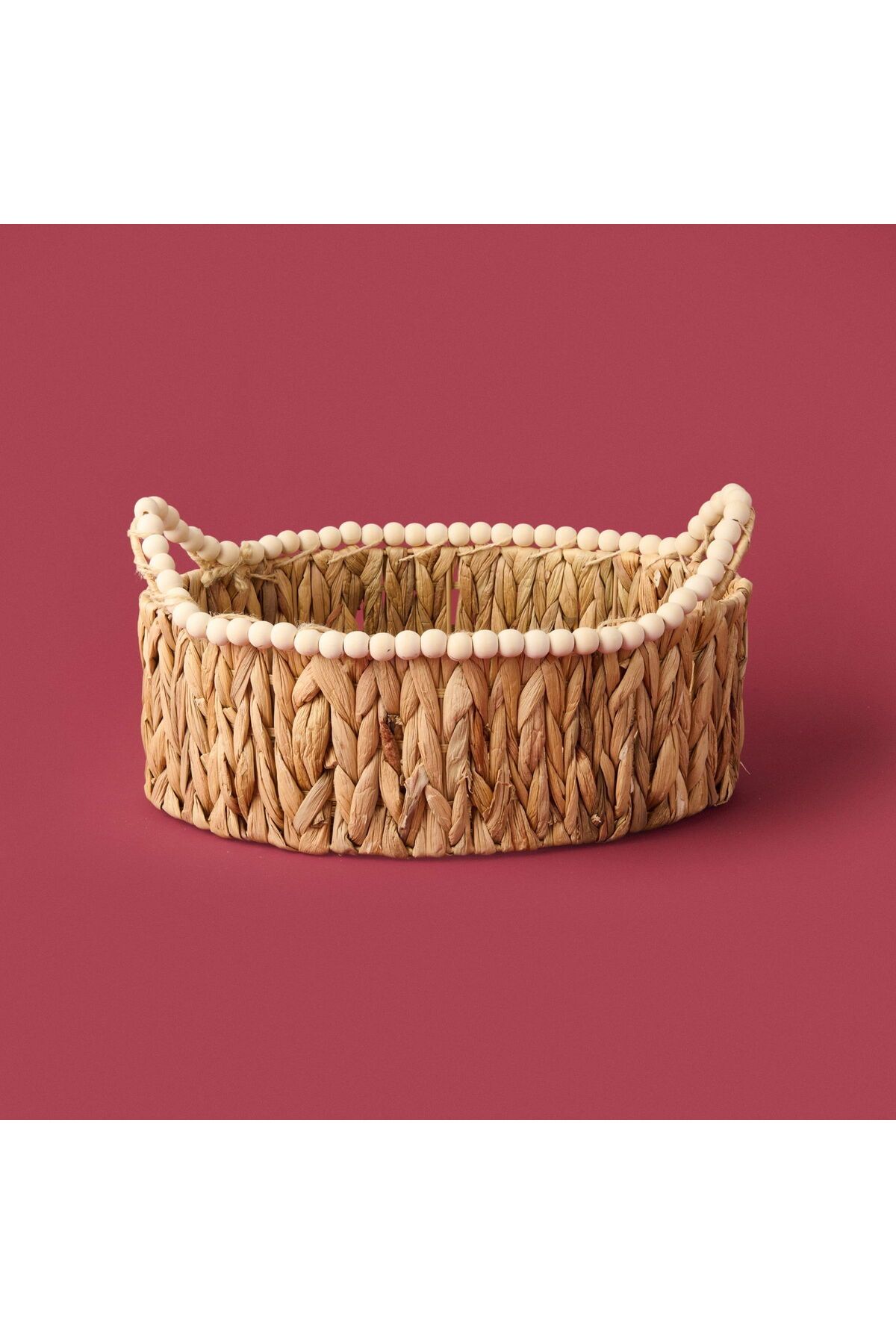 Naturalove Boncuklu Hasır Sepet - Kahverengi - 38x24x14 cm
