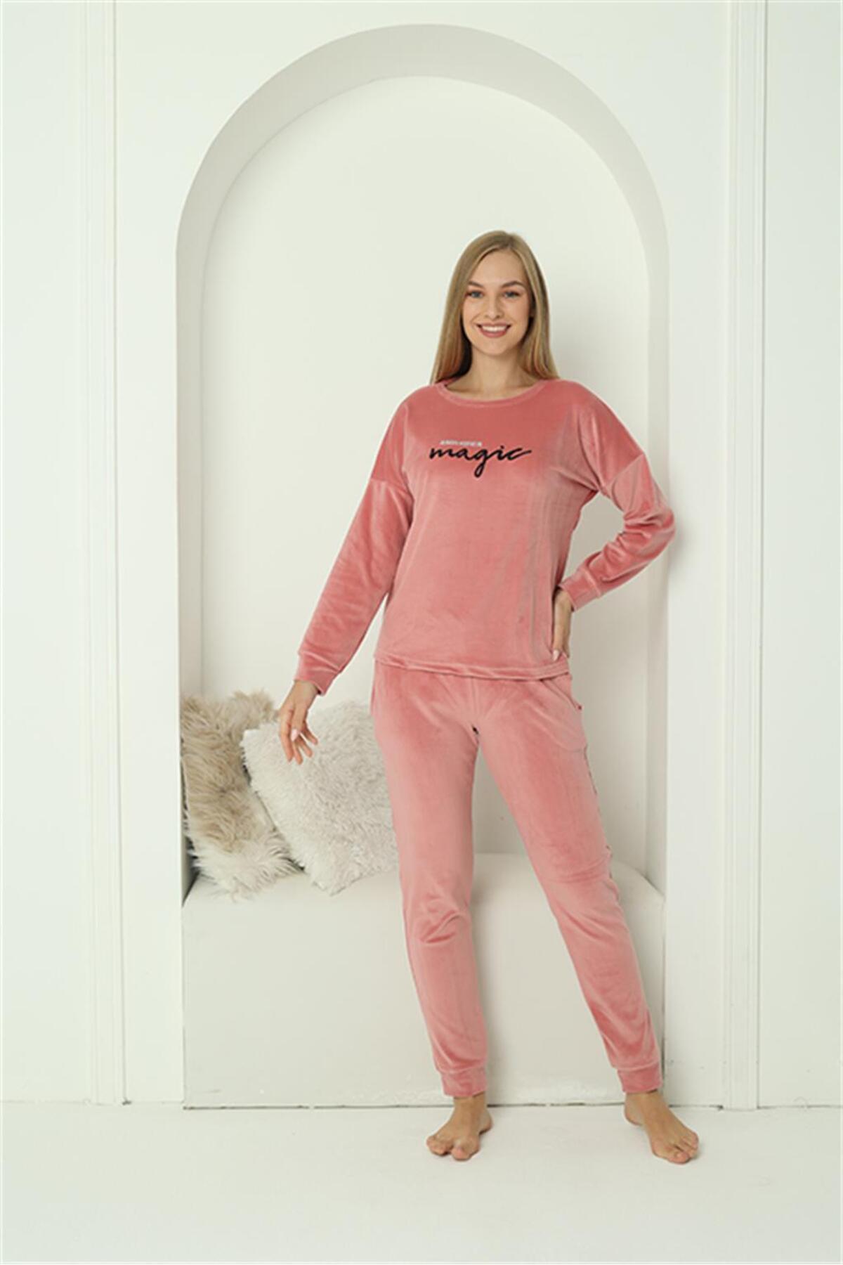 PuShe Kadın Kadife Pembe Pijama Takım