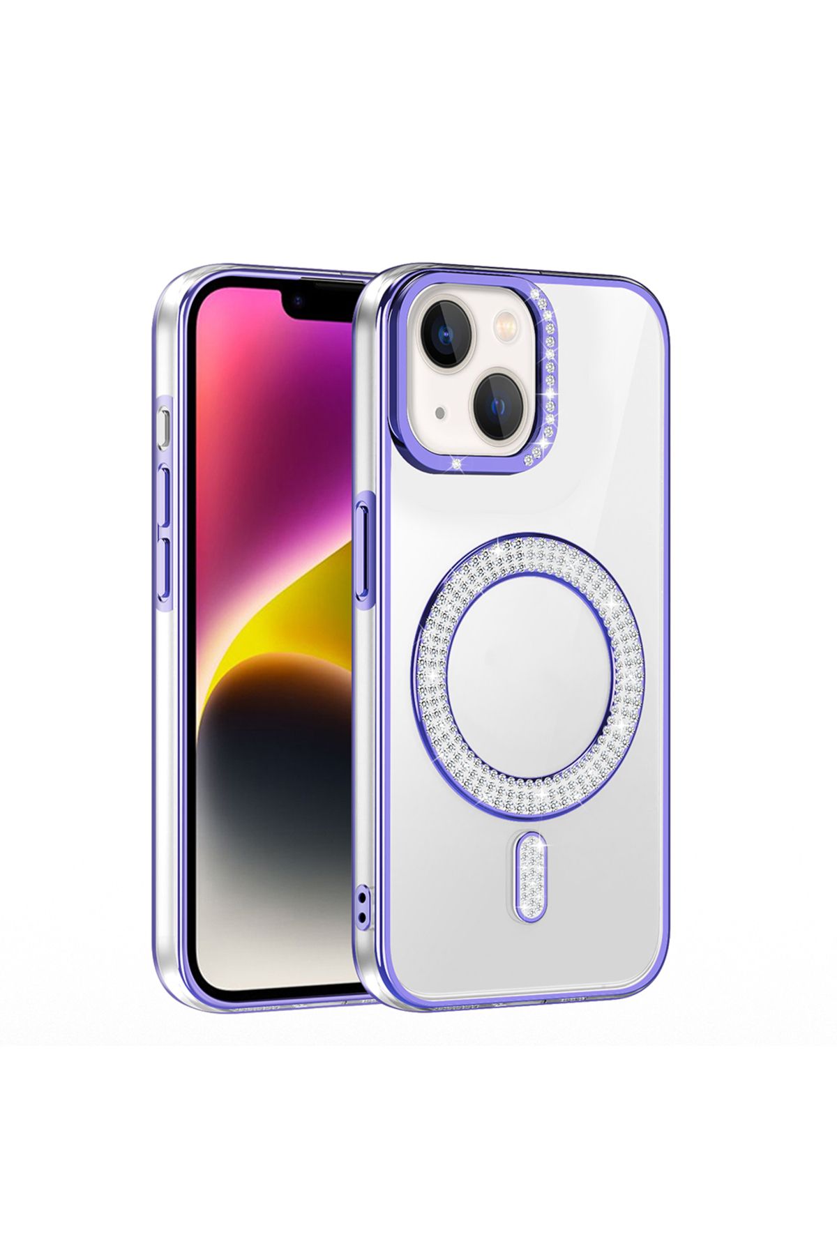 Strap U Apple iPhone 13 Kılıf Pırlanta Taş Tasarımlı M-safe Şarj Özellikli Karetta Silikon Kapak