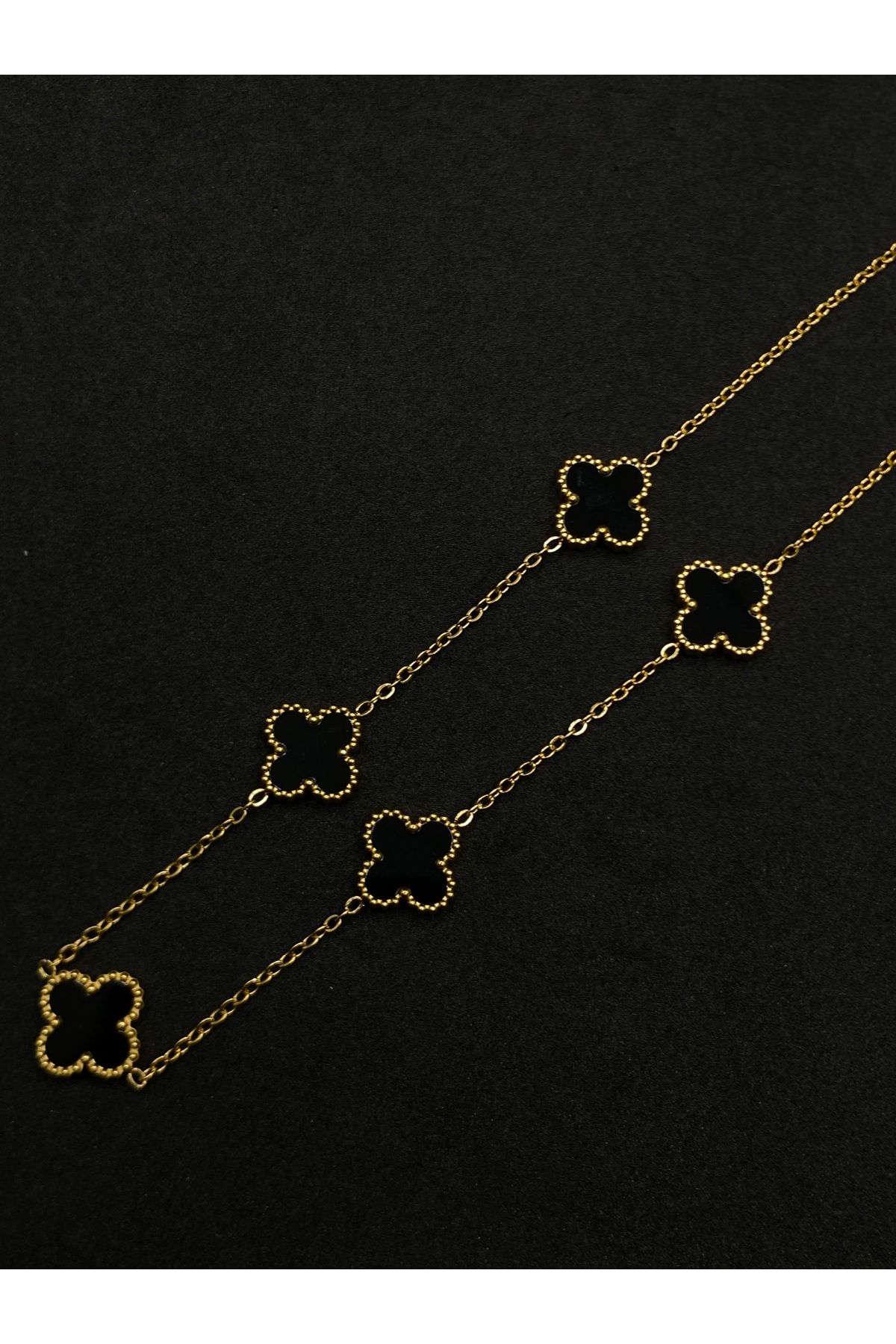 Jiji Jewelery Van Cleef Siyah Çoklu Yonca Model Çift Taraflı Mineli Altın Renk Paslanmaz Çelik Kolye