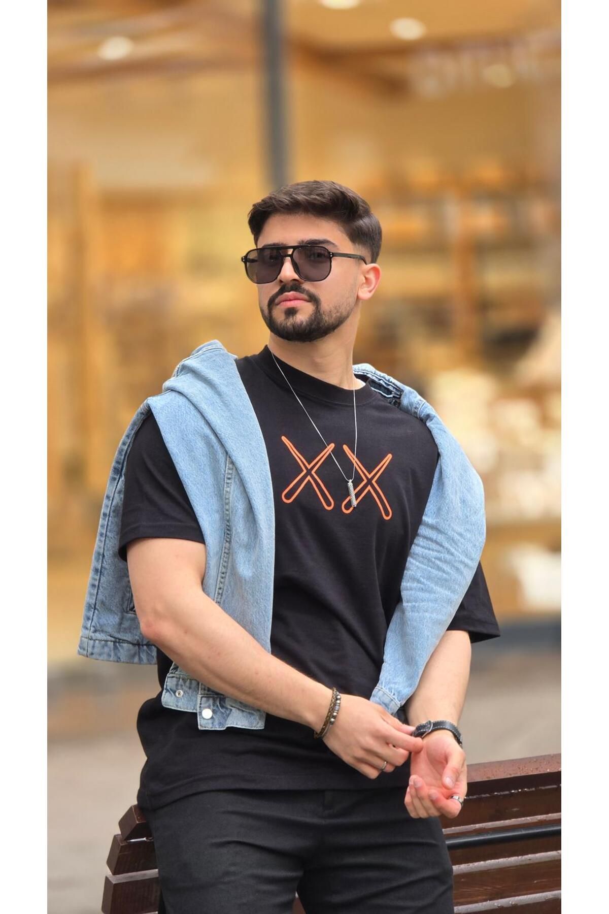 Butik Unisex Ön Arka Baskılı Siyah Bisiklet Yaka Oversize Salaş Siyah Tişört