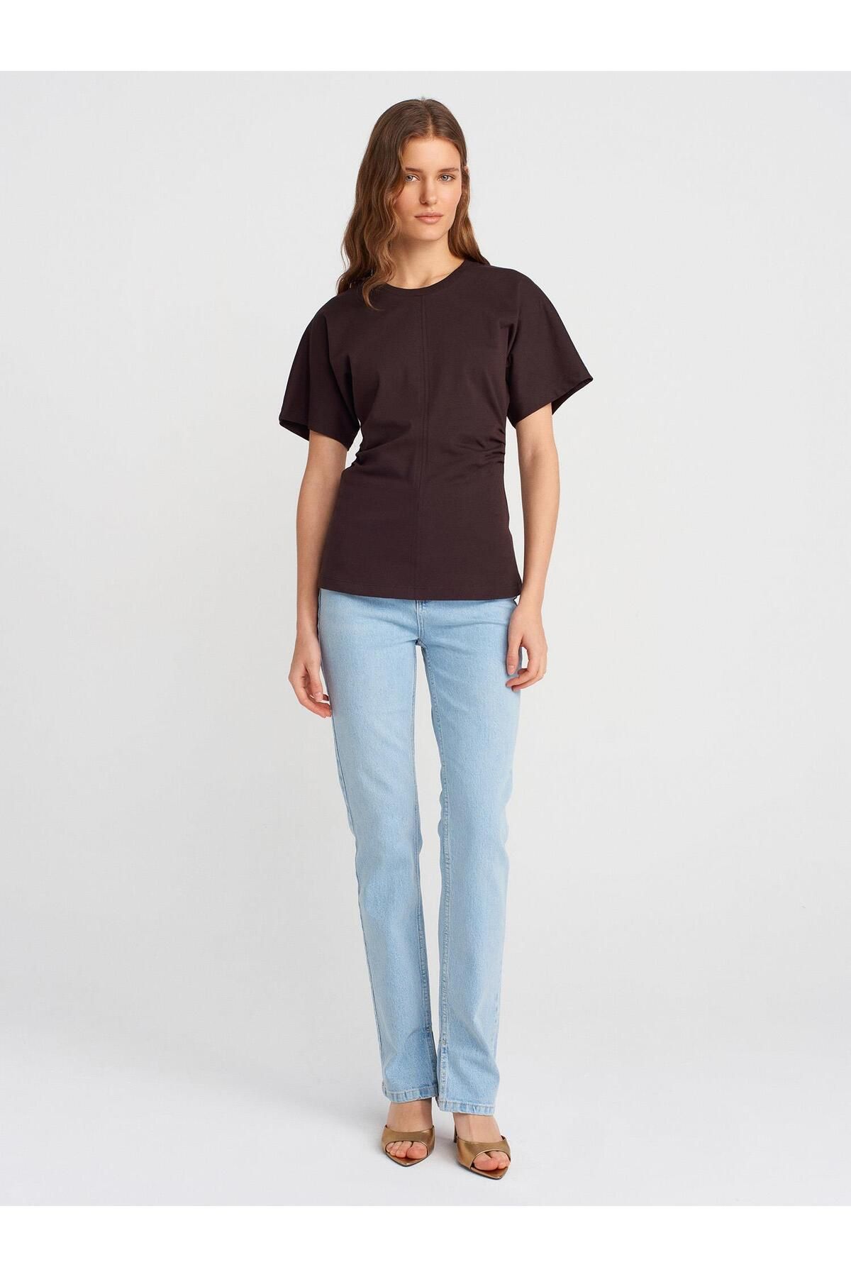 Moda Asrın Drape Detaylı T-shirt-Koyu Kahve