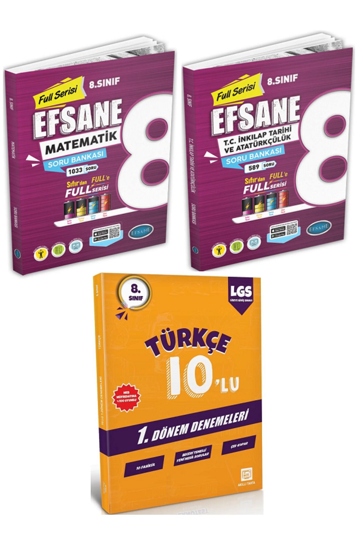 Efsane Yayınları 8.Sınıf Full Serisi Matematik + İnkılap Tarihi Soru Bankası + 8.Sınıf 10'Lu Türkçe Deneme - 3 KİTAP