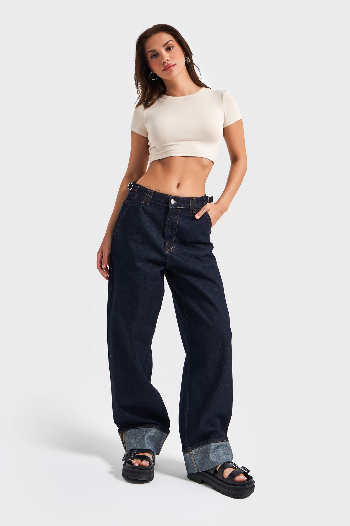 its basic Kadın İndigo Renk 7s5-50 Baggy Loose Fit Bol Kesim Paça Detaylı %100 Koton Denim Jean