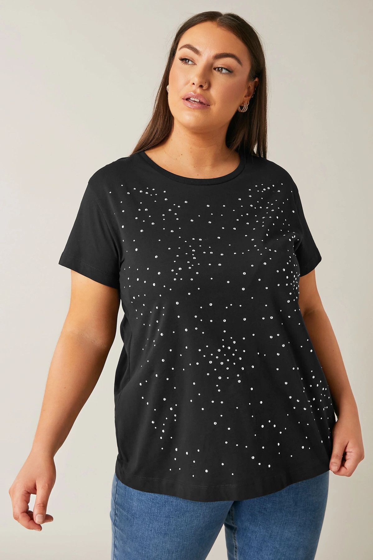 Stil Diva Büyük Beden Bisiklet Yaka Kısa Kollu Taş Yapıştırma Basic T-shirt 615350