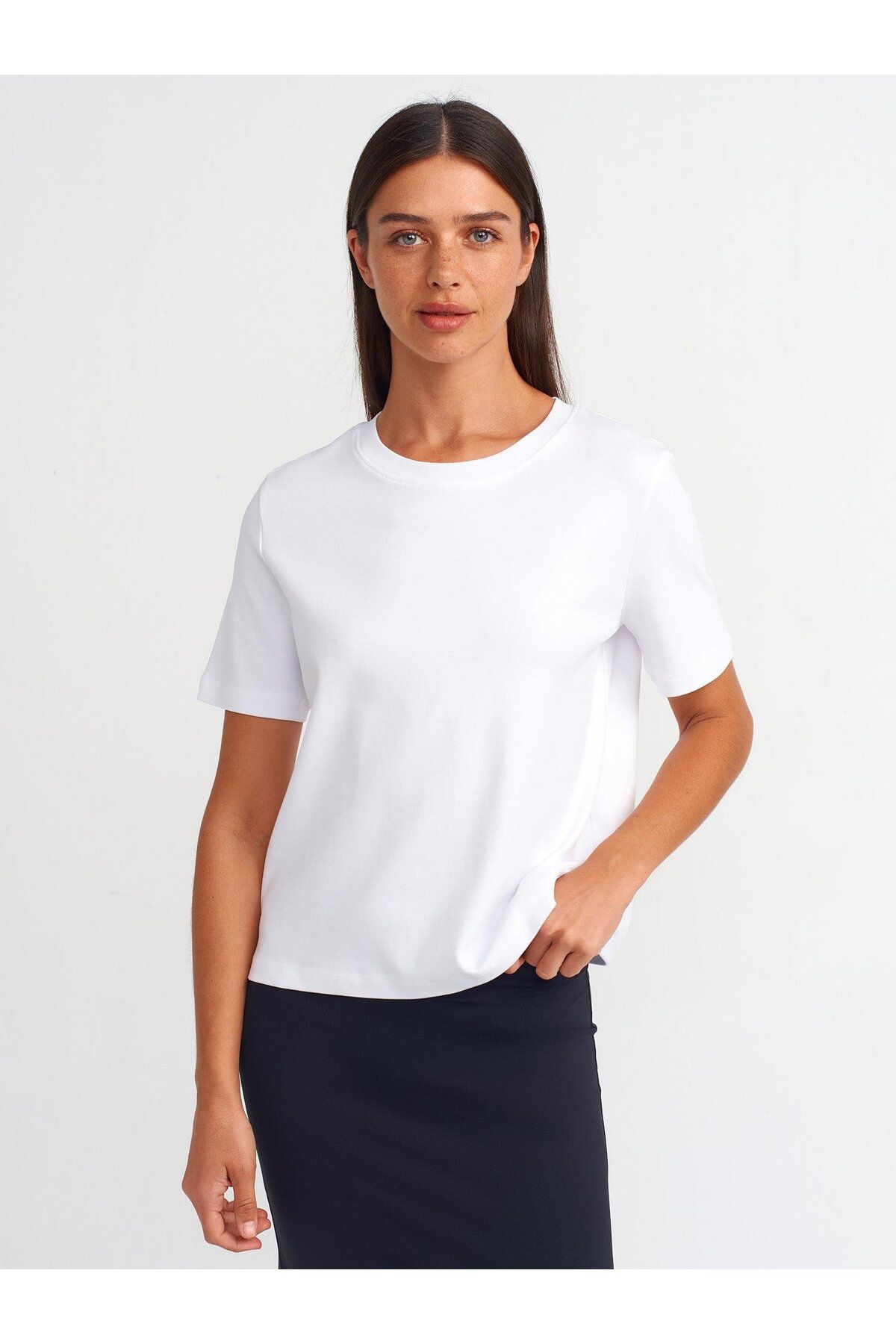 Moda Asrın Bisiklet Yaka Pamuklu T-shirt-Beyaz