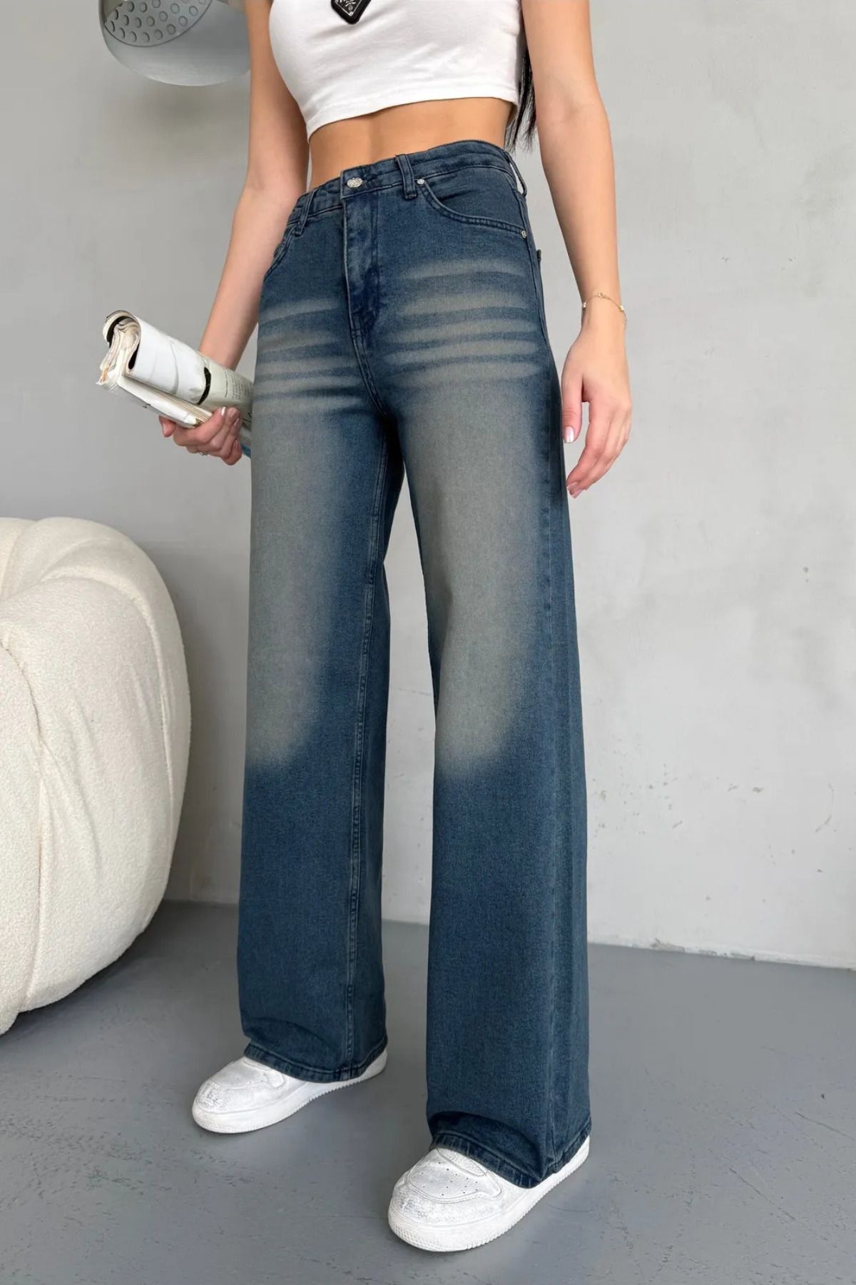 alanora Kadın Yüksek bel Esnek Soluk Efektli Vintage Palazzo Jeans