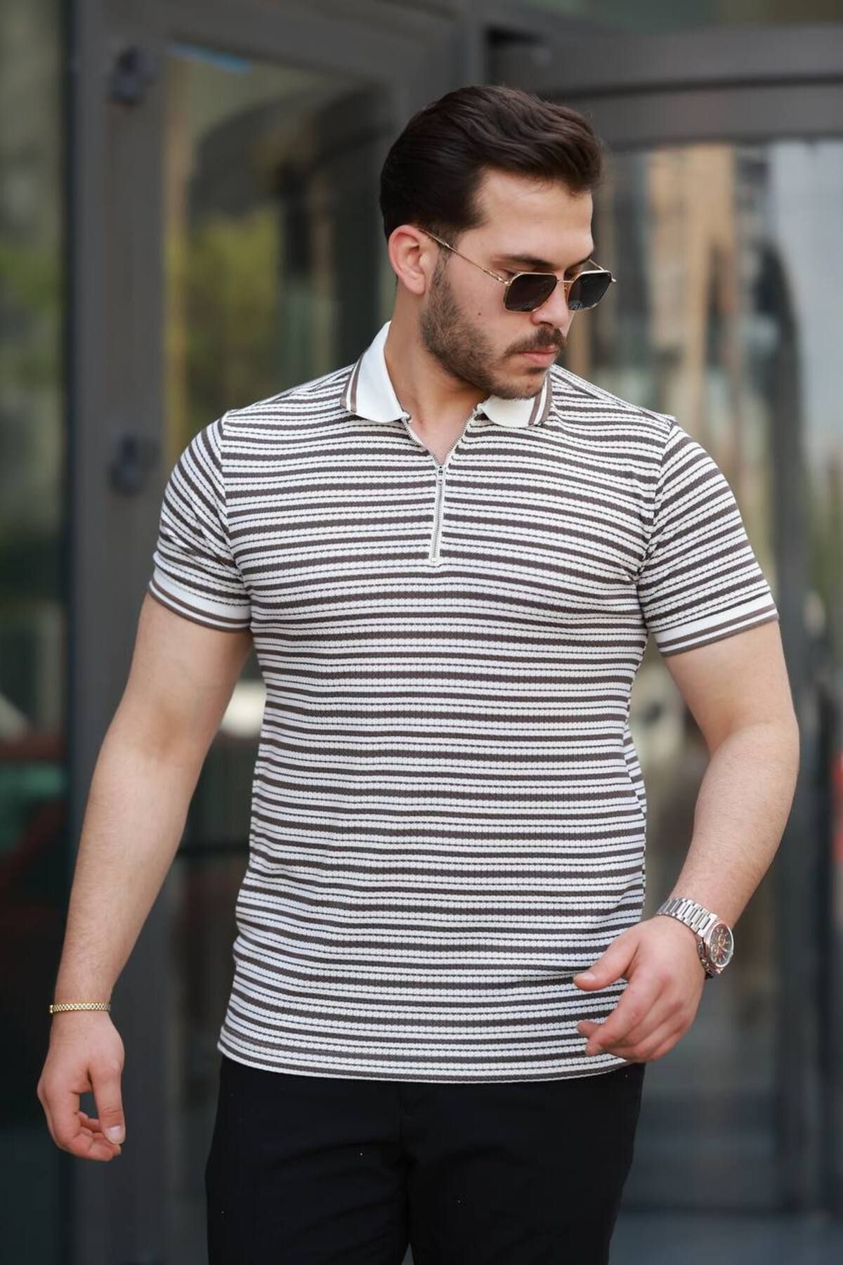 YONEZ MODA Erkek Rahat Kalıp Gofre Örmeli Çizgili Polo Yaka Tişört
