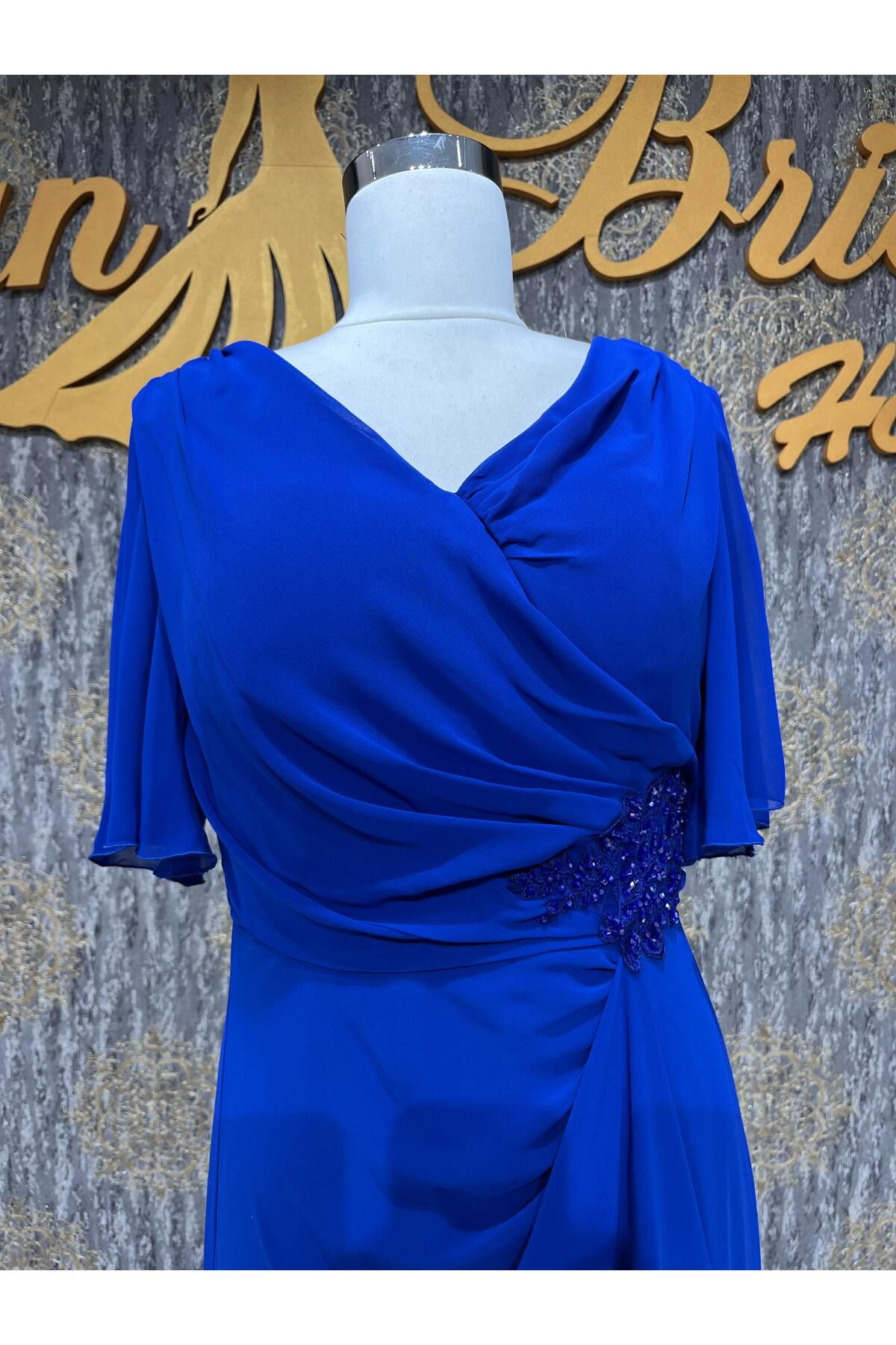 MODA Lacivert Kısa Kollu Beli Taşlı Abiye Elbise