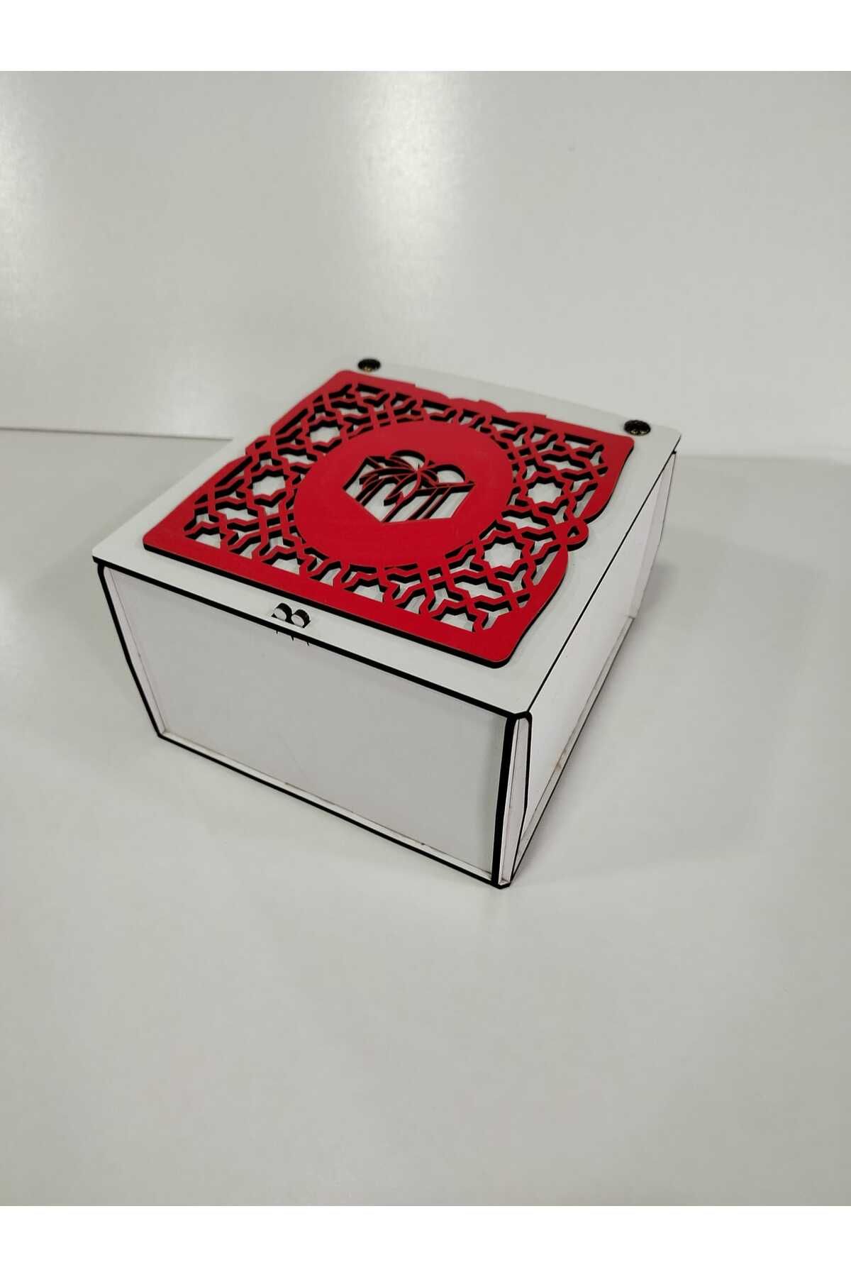 Vuslat Hediyelik BEYAZ AHŞAP HEDİYE KUTUSU KIRMIZI DEKOR (15X15 CM) 9 CM YÜKSEKLİK