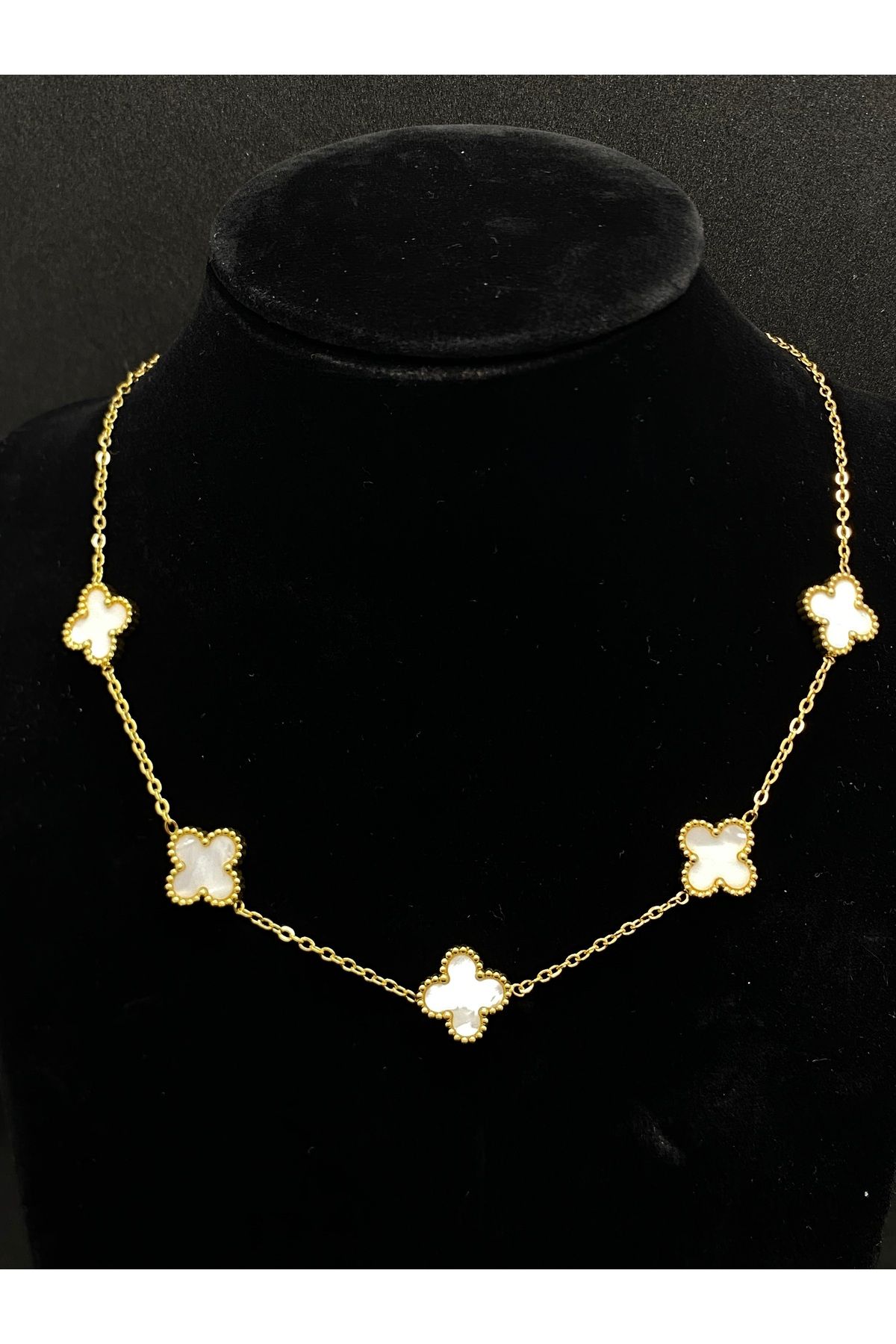 Jiji Jewelery Van Cleef Beyaz Çoklu Yonca Model Çift Taraflı Mineli Altın Renk Paslanmaz Çelik Kolye