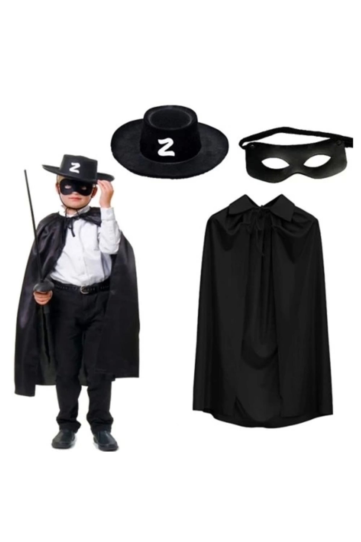 PRATİKOBA Zorro Pelerin Şapkası ve Maske Seti Çocuk Boy