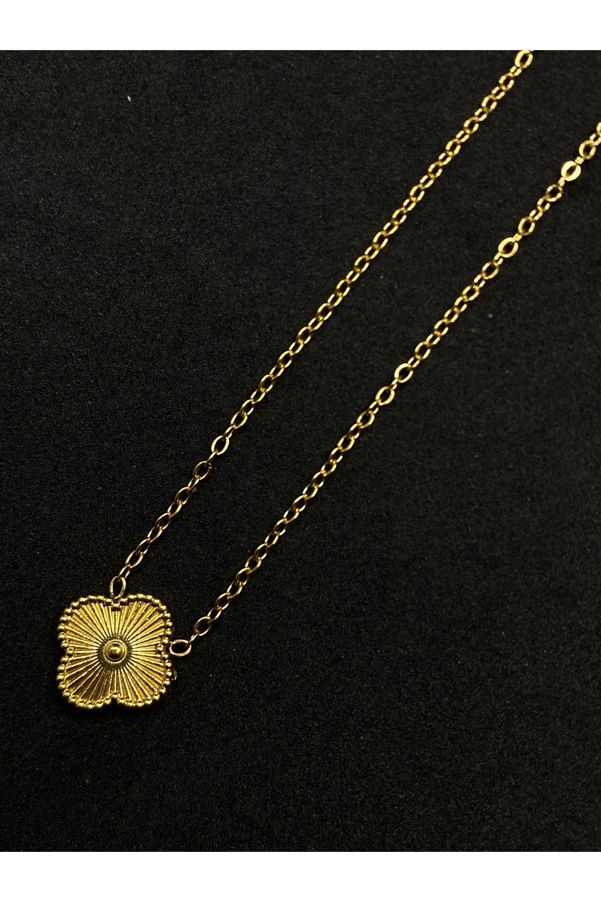 Jiji Jewelery Van Cleef Yonca Model Çift Taraflı Mineli Altın Renk Paslanmaz Çelik Kolye