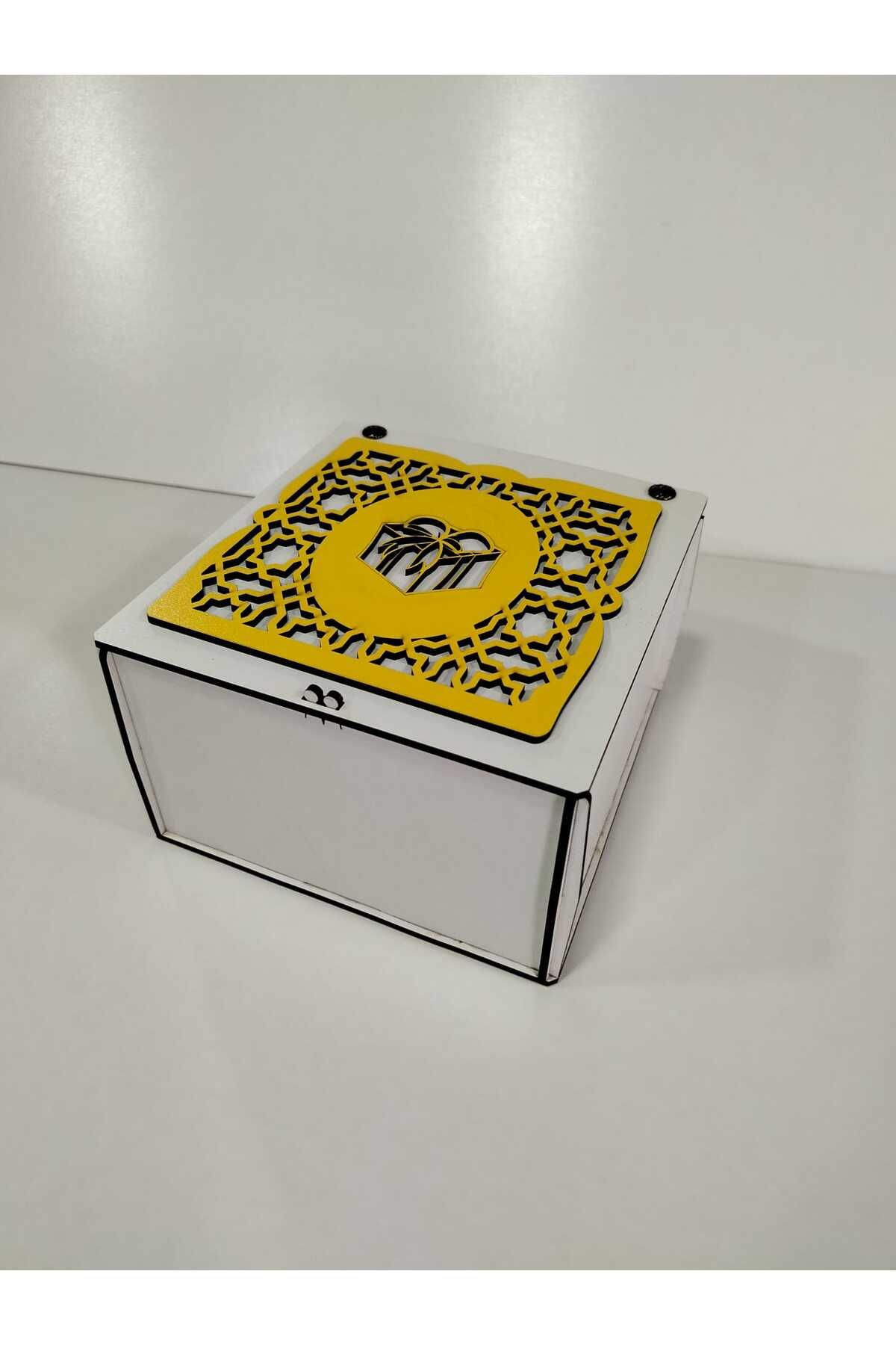Vuslat Hediyelik BEYAZ AHŞAP HEDİYE KUTUSU SARI DEKOR (15X15 CM) 9 CM YÜKSEKLİK