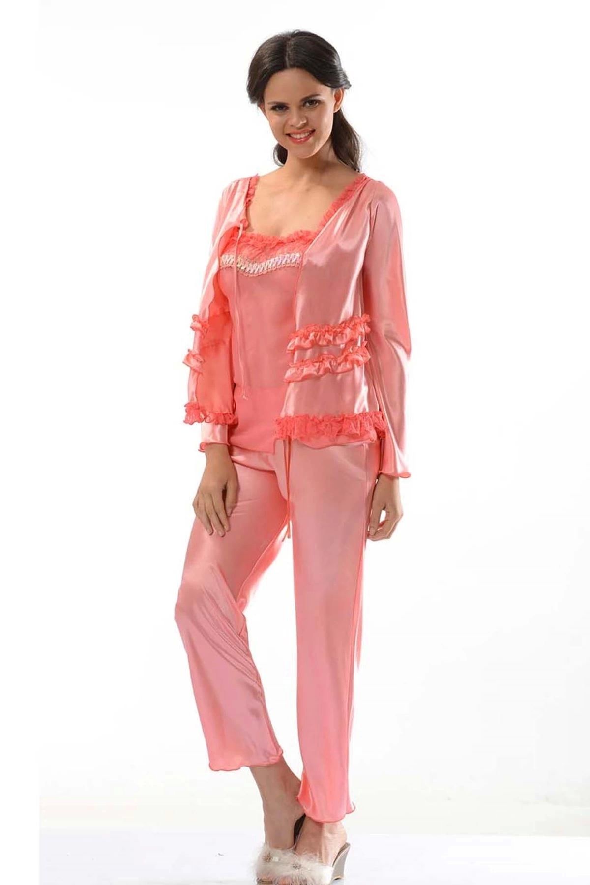 YNT İthalat Nar Çiçeği Saten Pijama Takımı - 1413