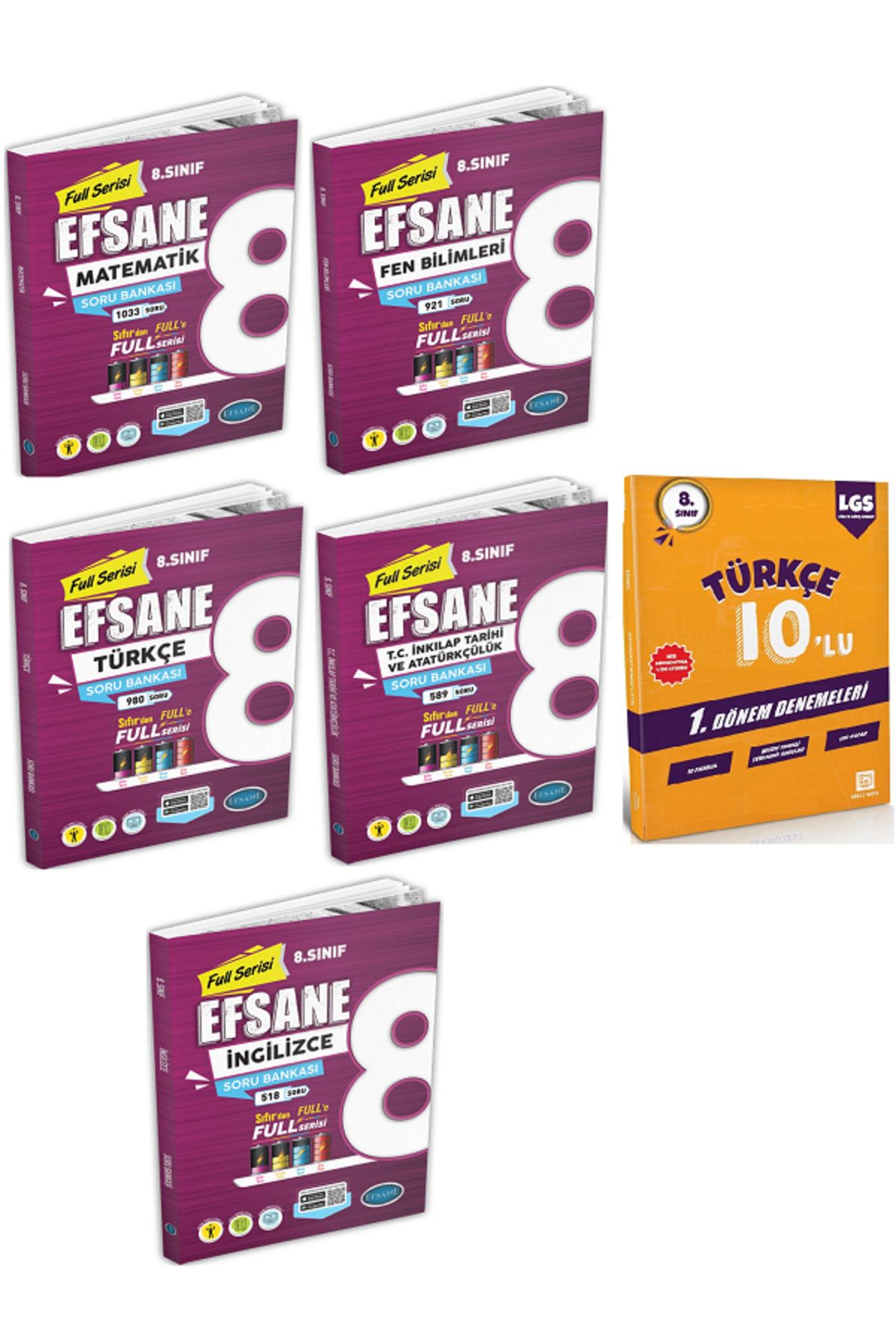 Efsane Yayınları 8.Sınıf Matematik + Fen + Türkçe + İngilizce Soru Bankası + 8.Sınıf 10'Lu Türkçe Deneme -6 KİTAP SET