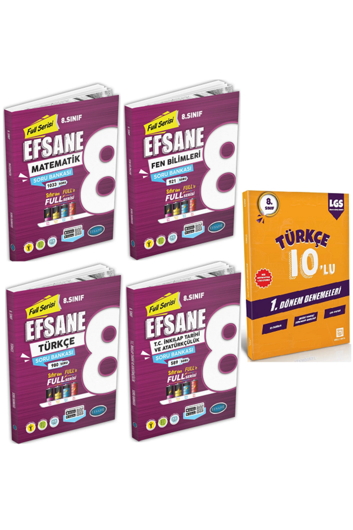 Efsane Yayınları 8.Sınıf Matematik + Fen + Türkçe + İnkılap Tari Soru Bankası + 8.Sınıf 10'Lu Türkçe Deneme - 5 KİTAP