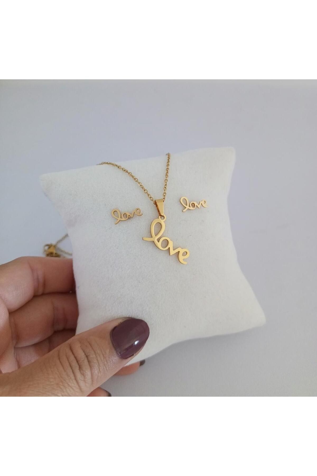 Ödül Moda Çelik Gold Love Kolye Bileklik Seti