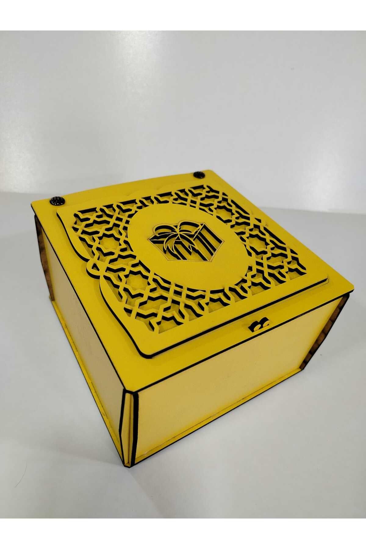 Vuslat Hediyelik SARI AHŞAP HEDİYE KUTUSU SARI DEKOR (15X15 CM) 9 CM YÜKSEKLİK