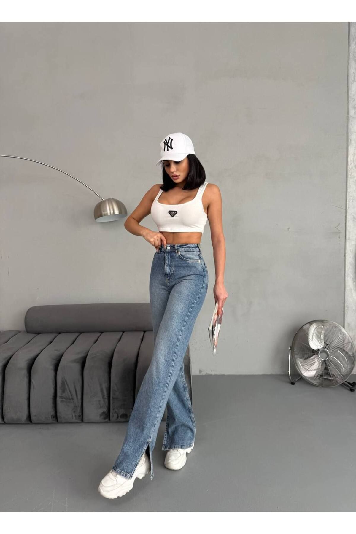 OWWO Kadın Koyu Mavi Taşlanmış Yüksek Bel Geniş Paça Bol, Salaş Palazzo, Wide Leg Jeans