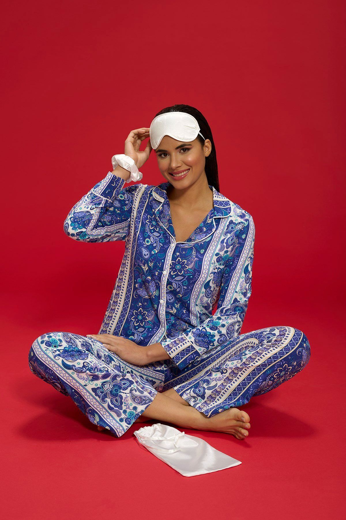 FOR YOU MODA-7-Piece Viscose Blue Pajama Set with Ethnic Pattern Both Inside and Outside 2