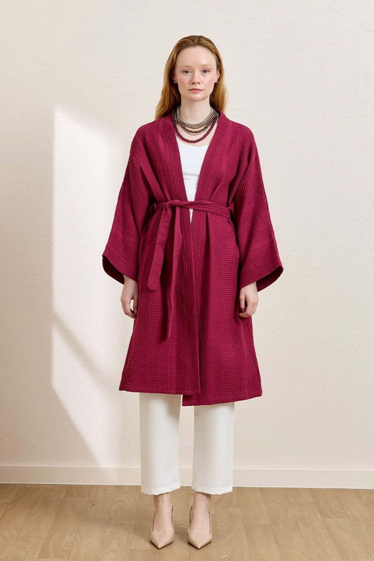 Ceylan Otantik Mürdüm Waffle Uzun Kimono