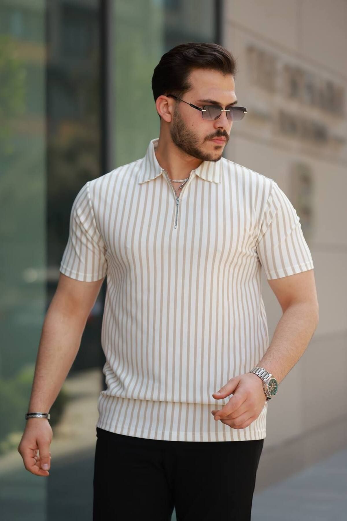 ROBERTO BORNOVA Dikine Çizgili Yarım Fermuarlı Polo Yaka Tshirt
