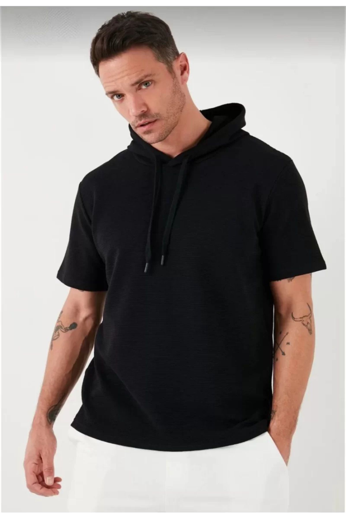 Flaubert /Unisex Kapşonlu Kısa Kol Düz Oversize T-shirt - Siyah
