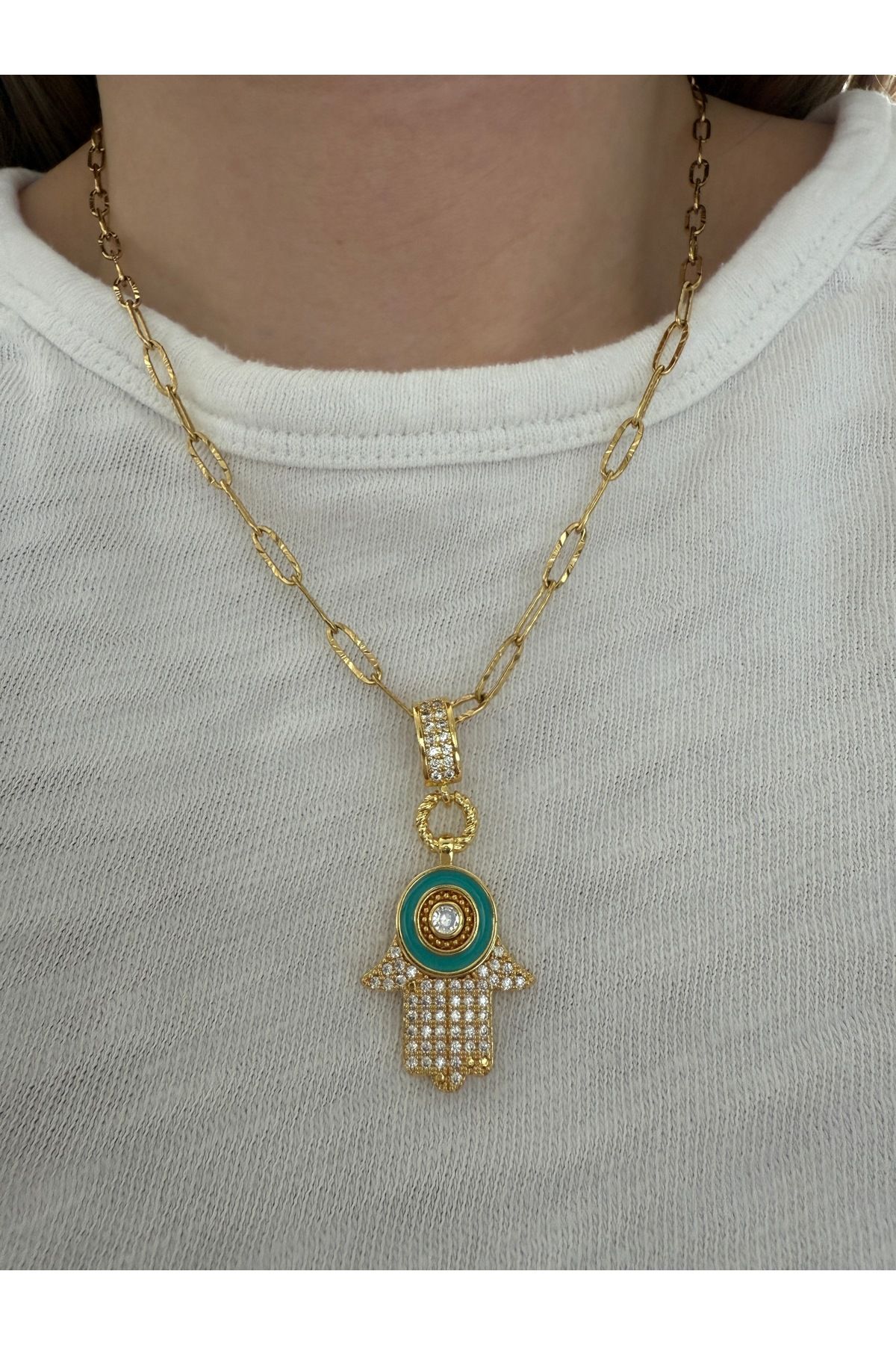 Pinery Jewels Mavi Taşlı Fatmanın Eli Kararmaz Paslanmaz Çelik Kadın Kolye – Modern ve Şık Tasarım