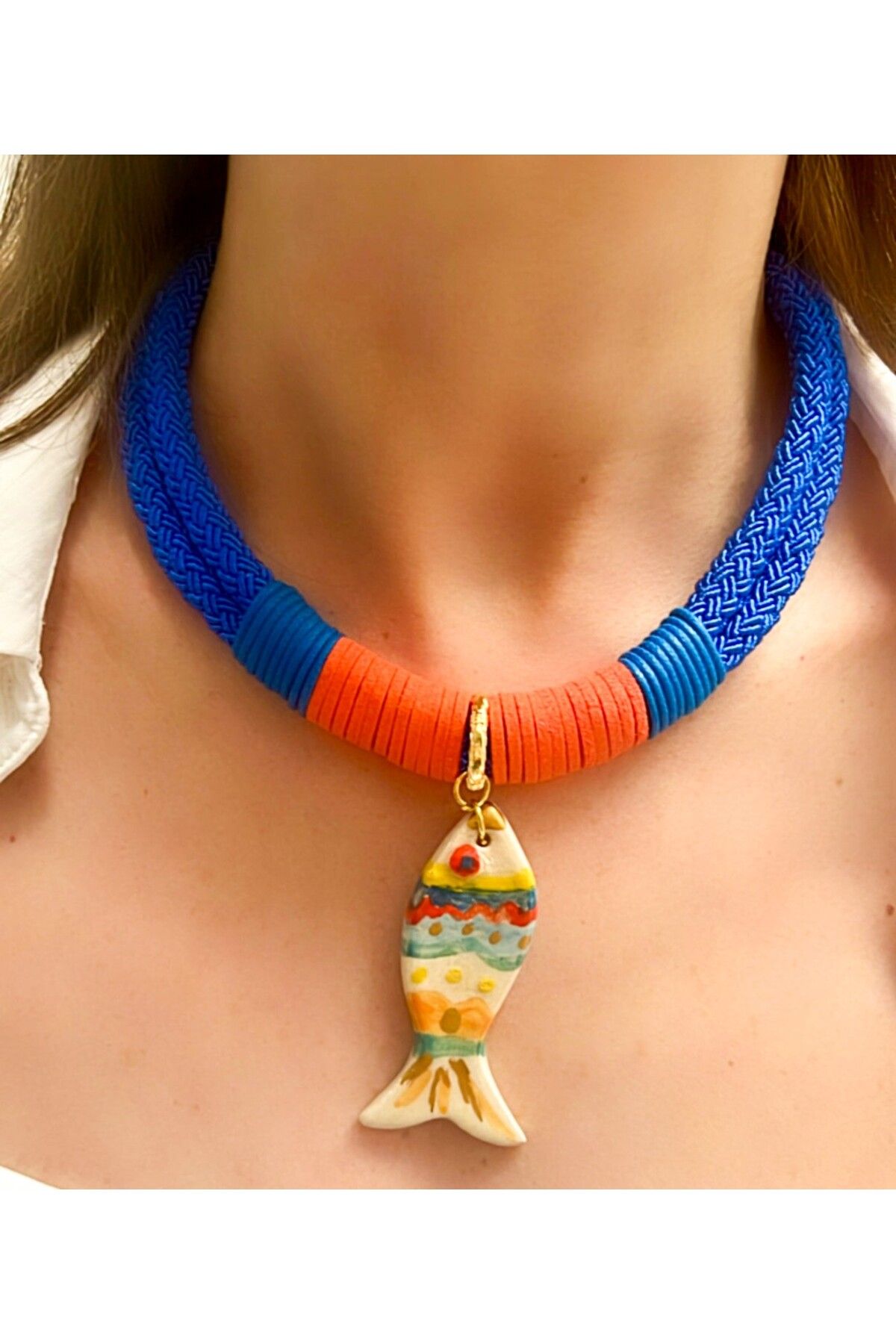 Kutcha Accessories El Yapımı Seramik Balık Uçlu Renkli Halat Kolye