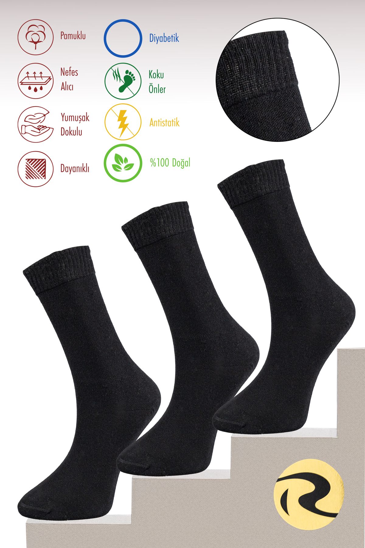 Roff Pamuk Kadın Diyabetik Siyah Soket Dikişsiz Premium Çorap 3'lü Paket / İz Bırakmaz / Sıkmayan Çorap