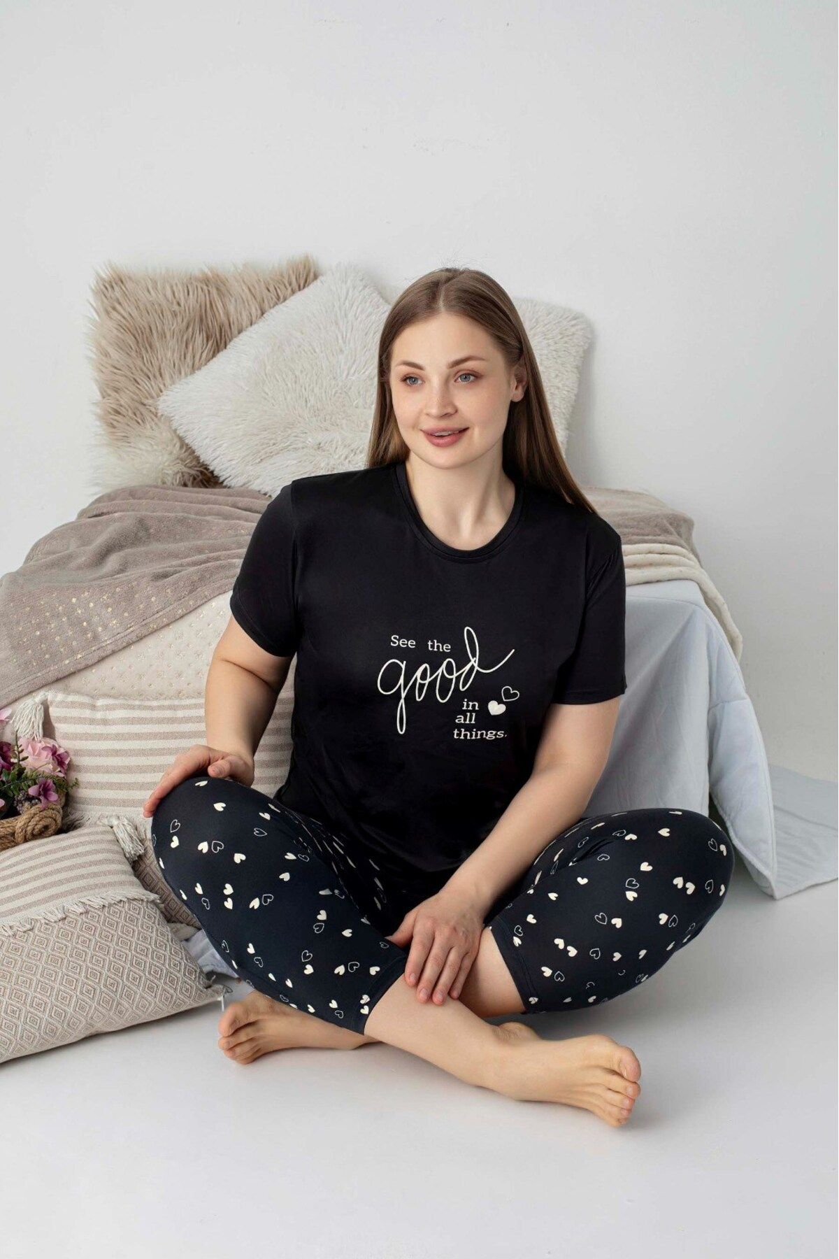 Gloria Kadın Bisiklet Yaka Düğmesiz Battal Kesim Viskon Yazlık Kısa Kol Büyük Beden Pijama Takımı