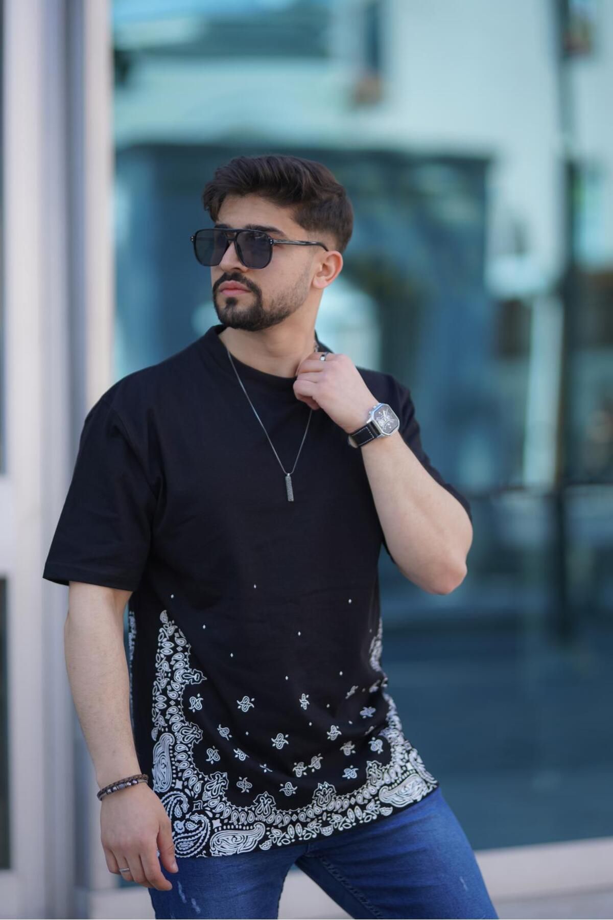 Butik Unisex Ön Arka Baskılı Siyah Bisiklet Yaka Oversize Salaş Siyah Tişört