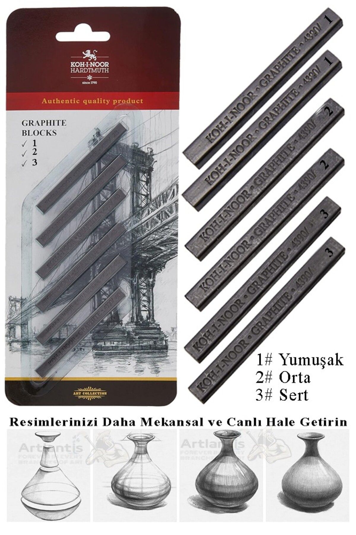 Artlantis Sıkıştırılmış Kömür Füzen Seti 1 Paket Kohinoor Yumuşak Orta Sert Siyah Kare Press Kömür Füzen Yassı