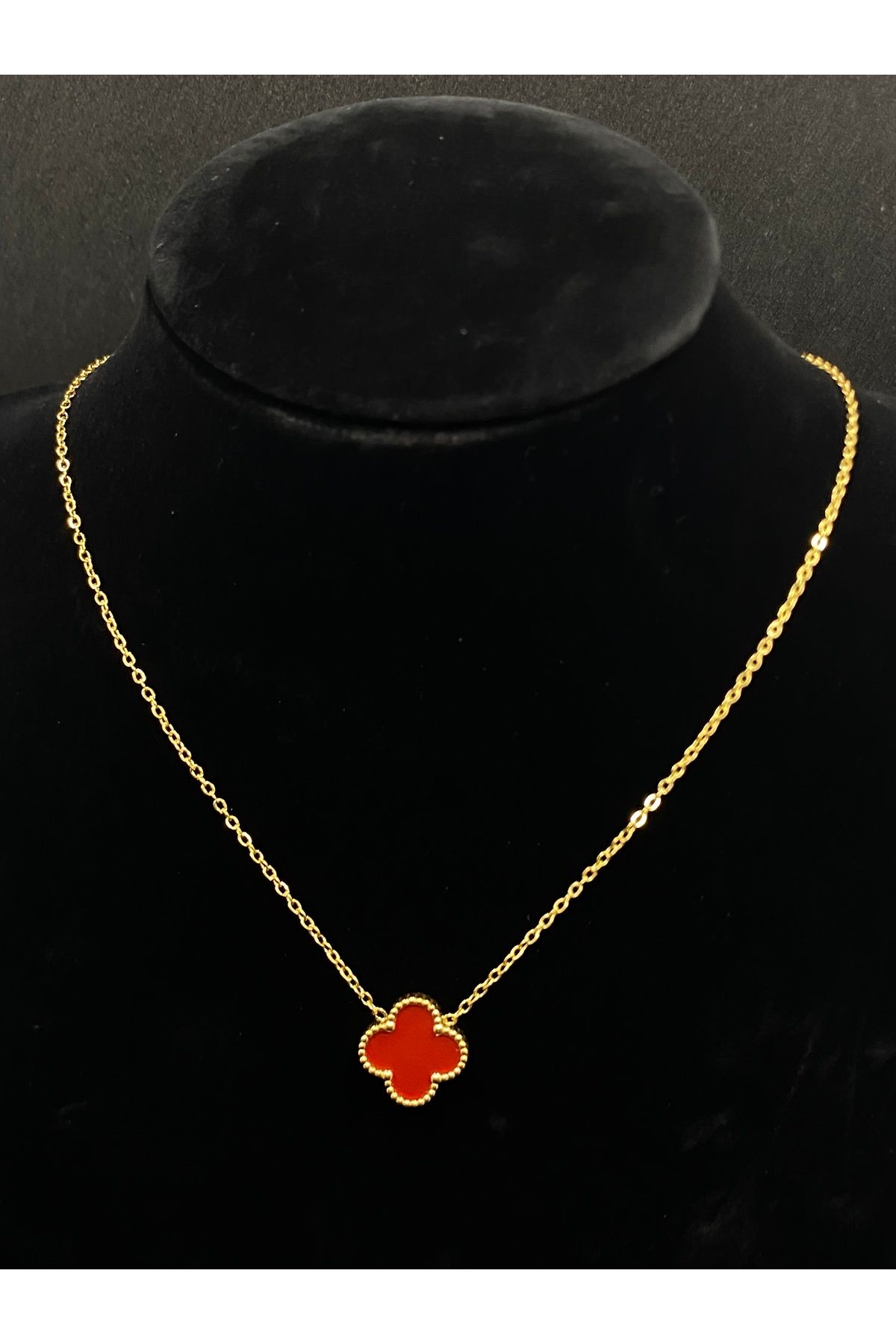 Jiji Jewelery Van Cleef Bordo Yonca Model Çift Taraflı Mineli Altın Renk Paslanmaz Çelik Kolye
