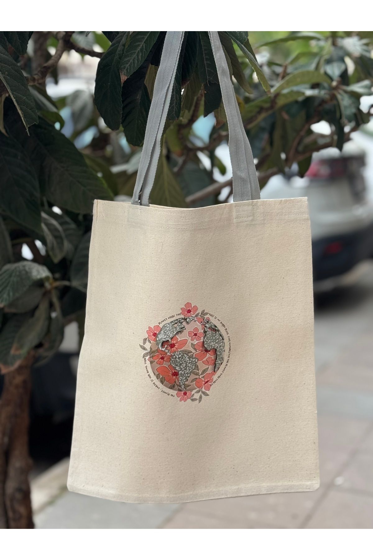 Minderya Baskılı Shopping Bag Keten Alışveriş Çantası