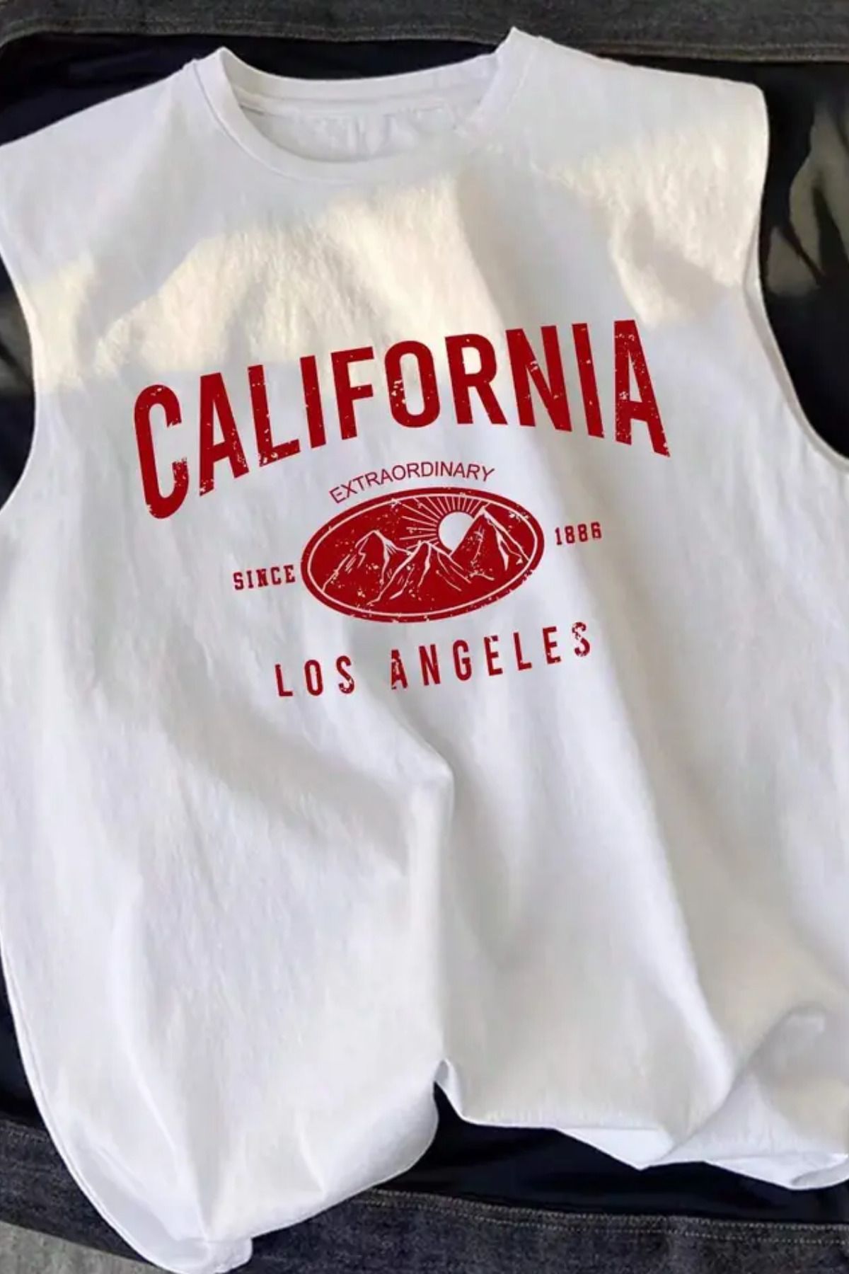 Tarz Cool California Baskılı Beyaz Kolsuz Atlet tshirt Erkek Sıfır Kol Oversize T-SHİRT