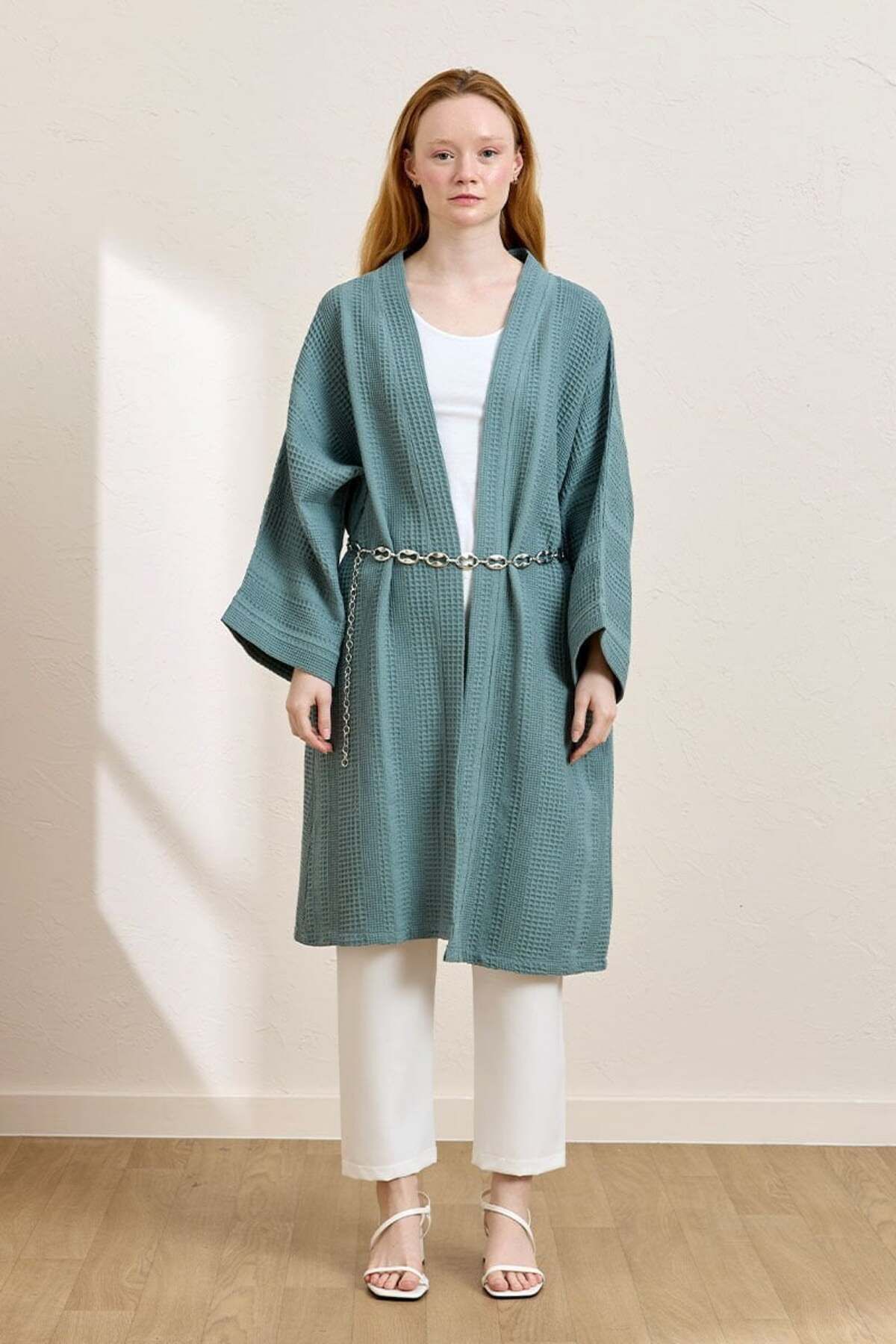 Ceylan Otantik Mint Yeşili Waffle Uzun Kimono