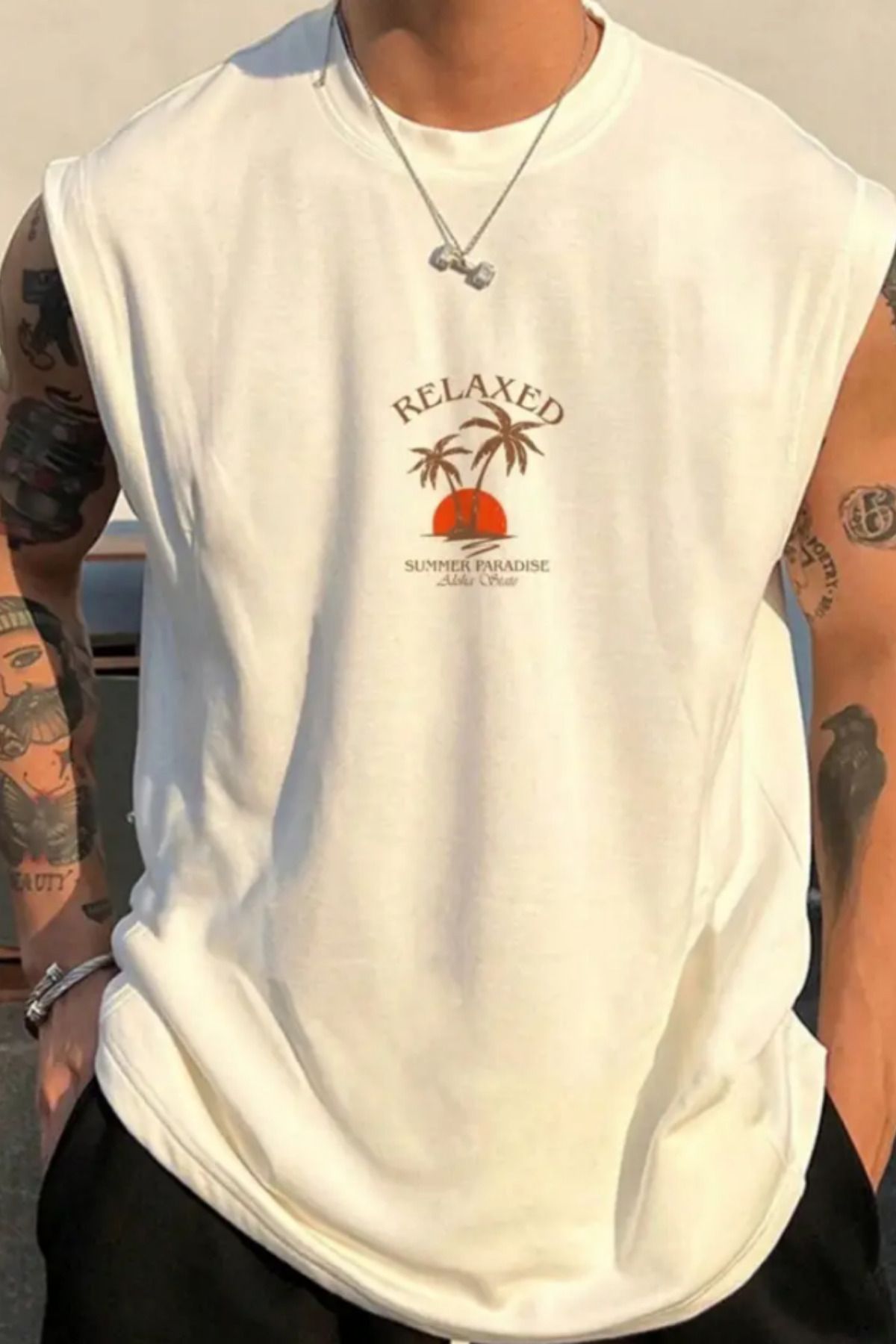 Tarz Cool Palmiye Ağaç Baskılı Beyaz Kolsuz Atlet tshirt Erkek Sıfır Kol Oversize T-SHİRT
