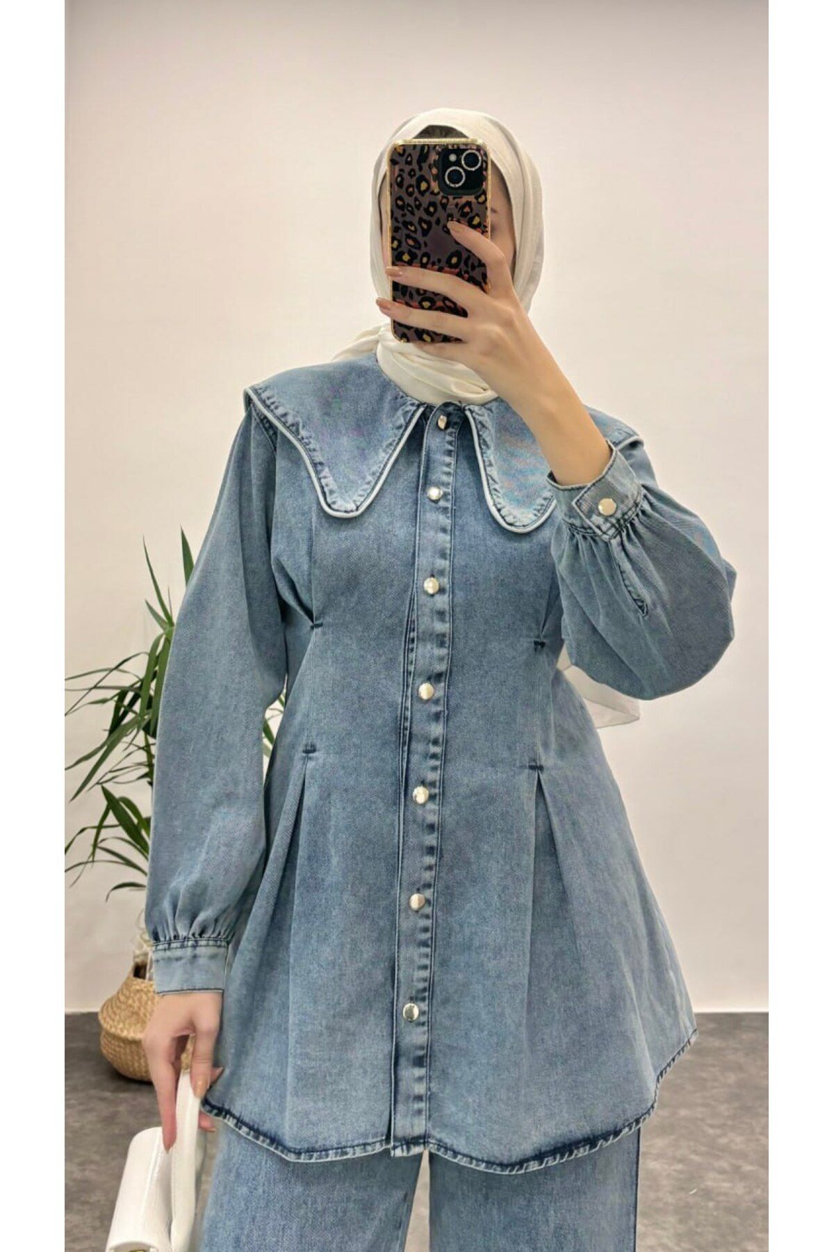 Suede Style 9210 - Denizci Yaka Uzun Rahat Şık Kadın Kot Ceket