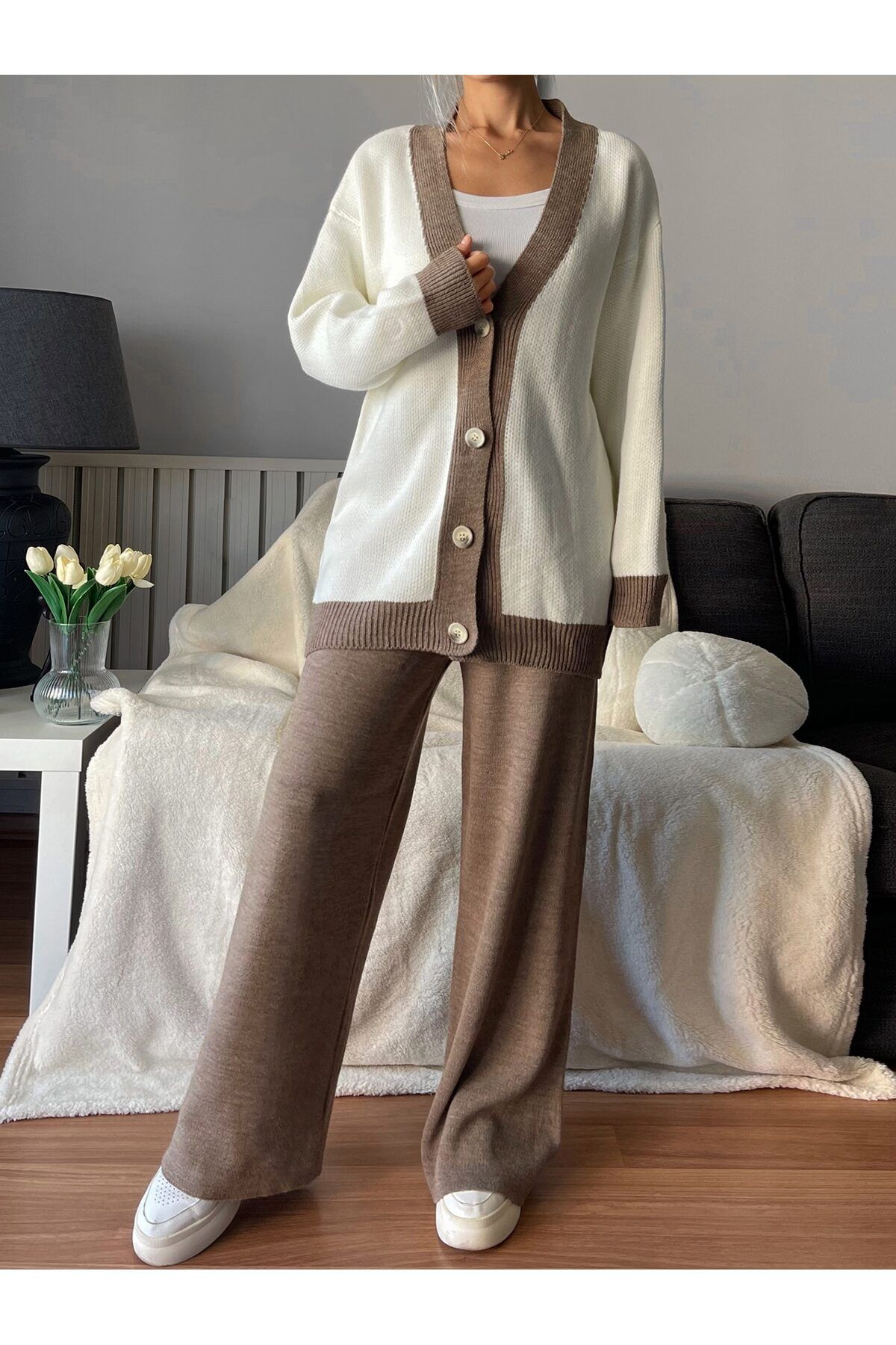 Rönesans Butik Camel Şerit Detaylı Hırka-Pantolon Triko Takım